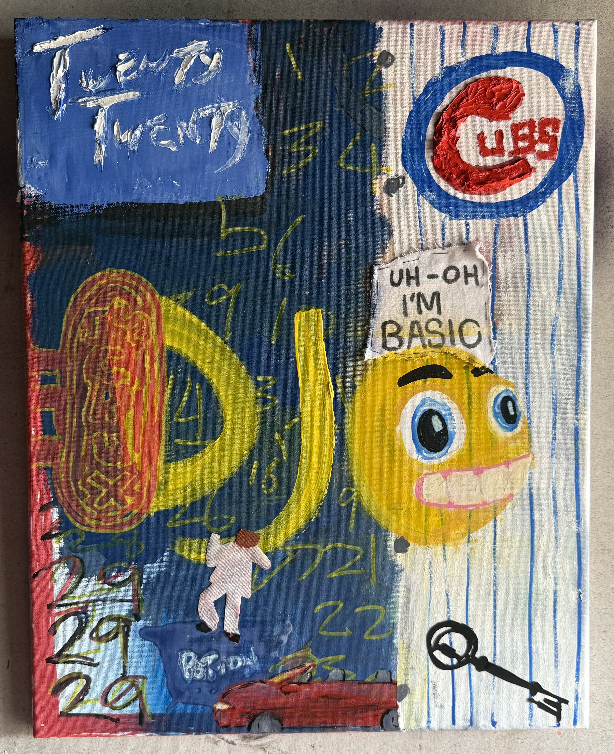 A colorful abstract painting featuring various elements, including a large red and whitelogo, a drawing of a yellow and red shoe, a red bus, and handwritten notes, dates, and numbers scattered across the canvas. The painting has a mix of vibrant colo