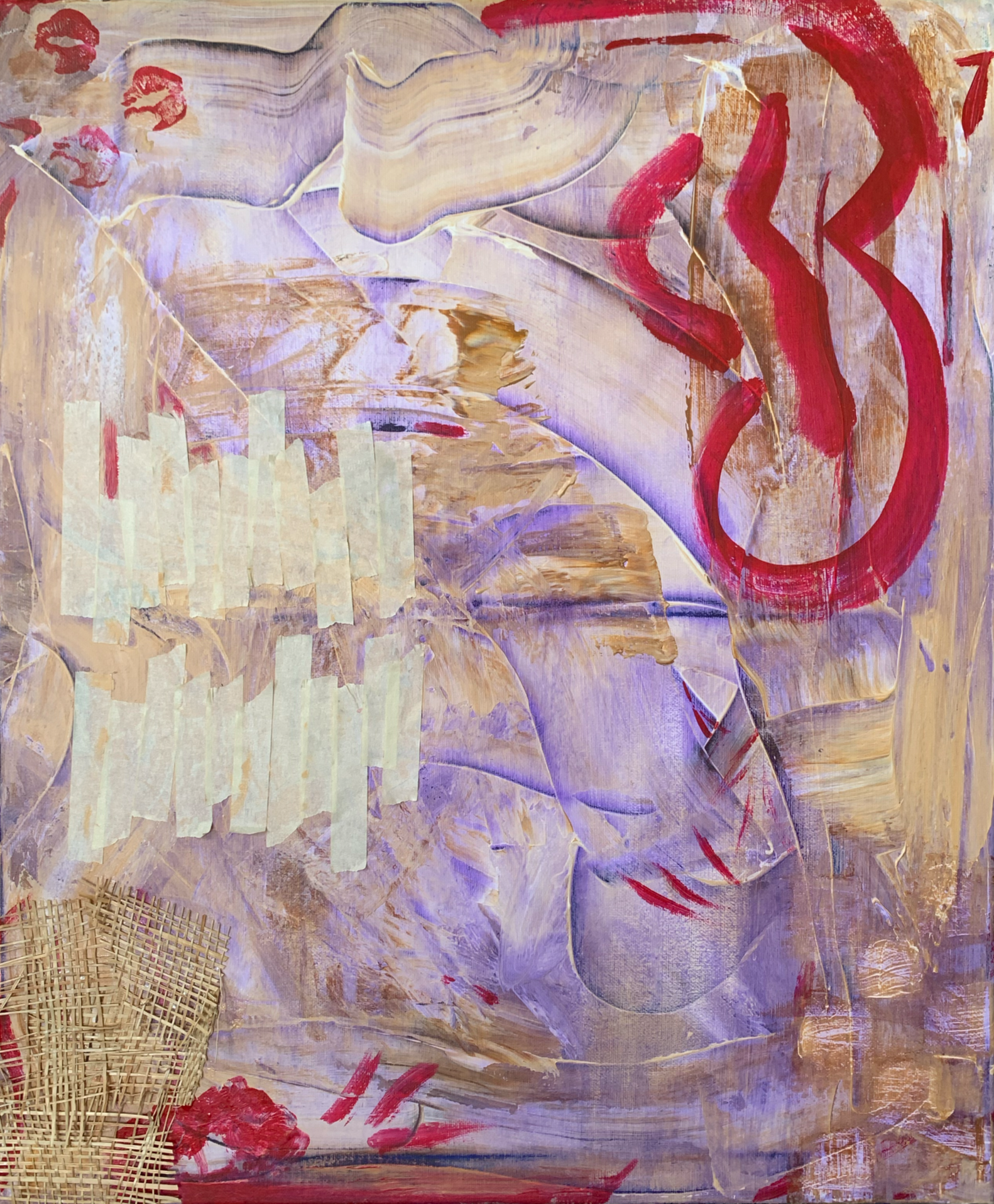 Abstract painting with purple, red, beige, and tan colors, featuring textured brushstrokes, tape strips, woven material, and layered paint.