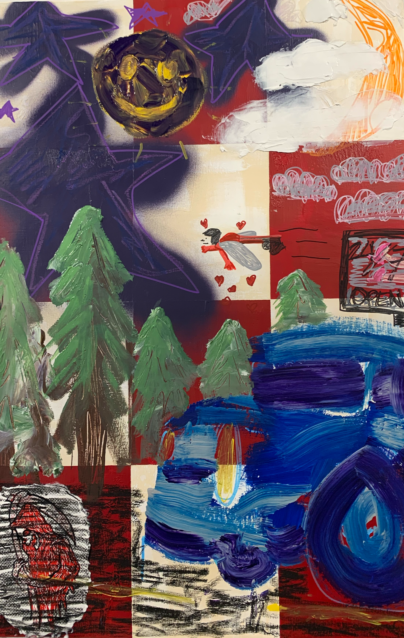 An abstract painting combining vibrant colors, playful shapes, and various textures. It features green pine trees, a moon with a smiling face, a person with hearts around them, and swirling water patterns. The background is divided into sections with
