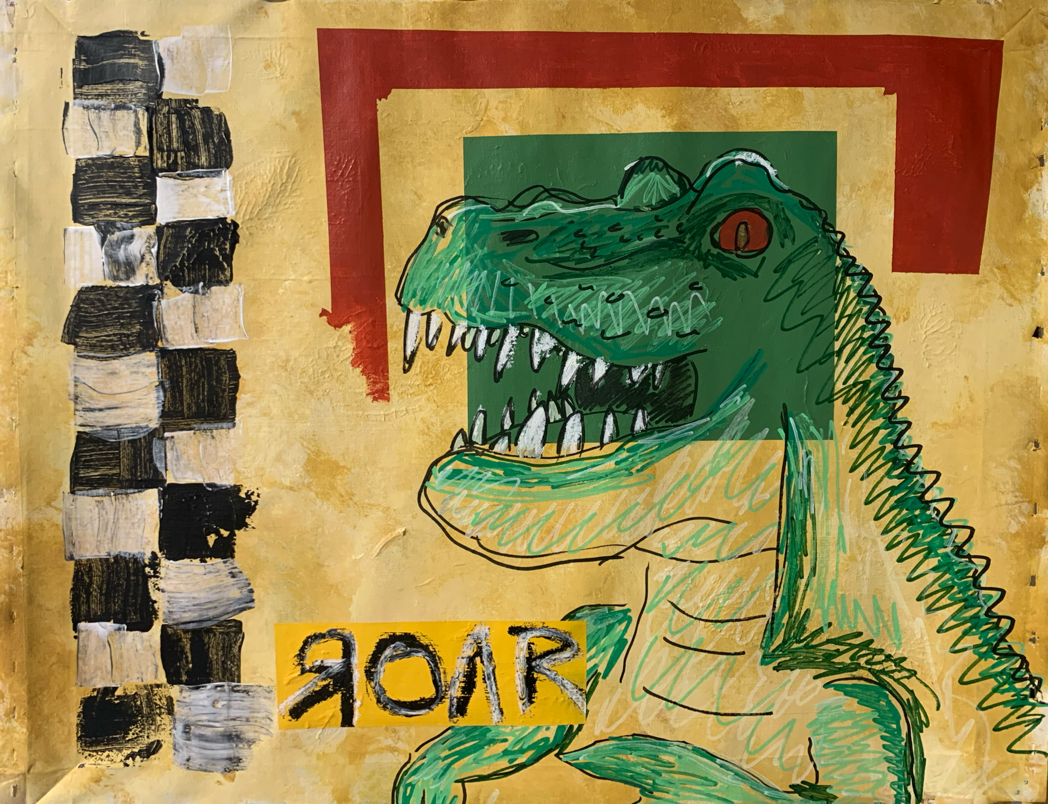 Colorful abstract artwork featuring a green dinosaur head with sharp teeth in a sketchy style, set against a yellow background with red and black geometric elements.