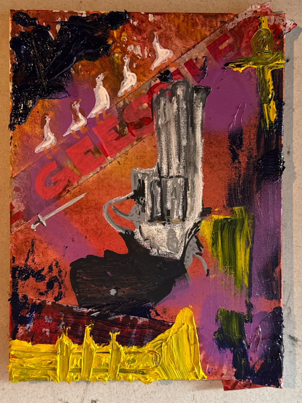 An abstract painting with a large gray mug at the center, a yellow cross on the right, and a row of yellow candles at the bottom. The background features vibrant colors like red, purple, orange, and black, with white birds and a sword.