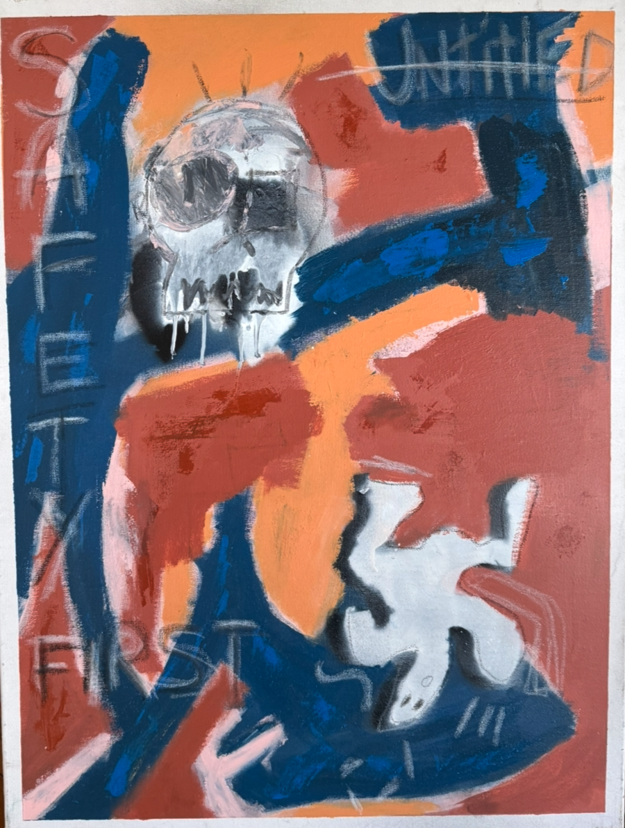 Abstract painting featuring a skull, mixed with red, orange, blue, and black brushstrokes, with some text partially visible on the left and top areas.