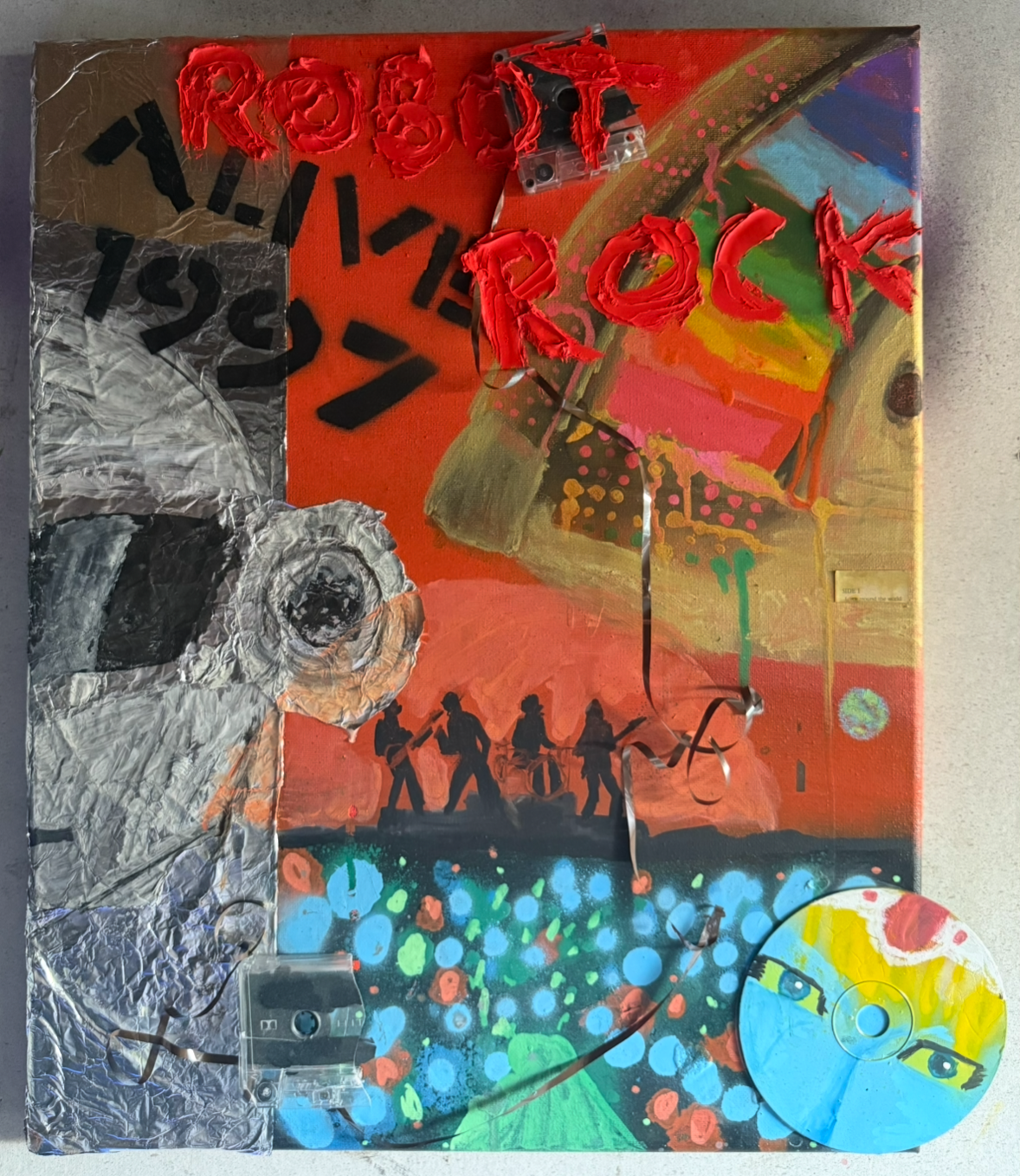 Mixed media artwork featuring the word 'Rock' painted with red textured paint, silhouettes of five musicians playing instruments, colorful abstract background, a silver telescope, and a CD with a clown face illustration. Daft Punk inspired.
