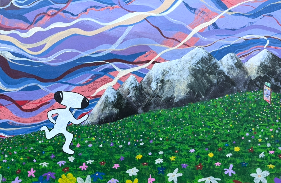 A cartoon character running through a field of colourful flowers with snow-capped mountains in the background and a vibrant, swirling sky overhead.