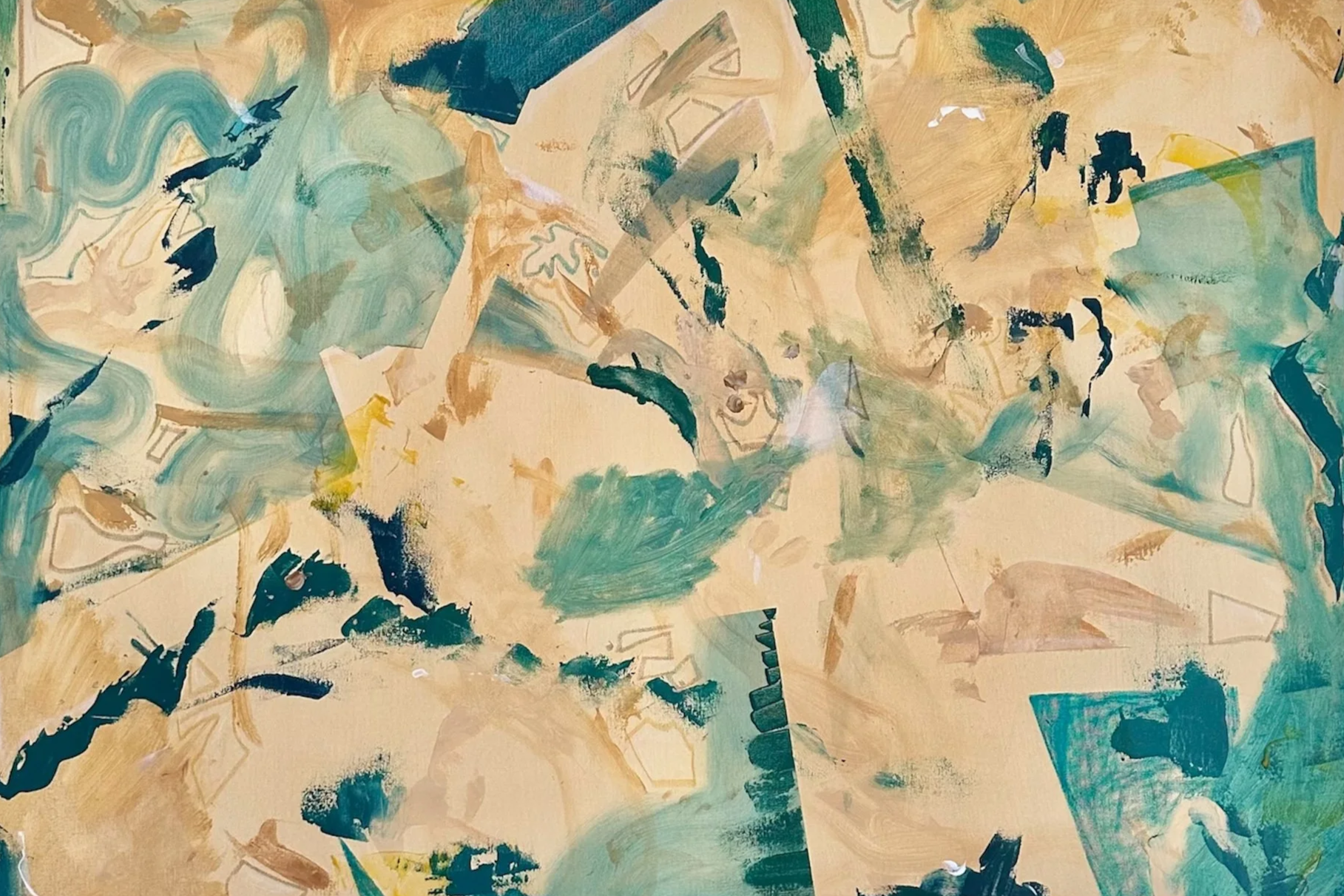 Abstract painting with a mixture of blue, cream, green, and black brushstrokes and shapes.