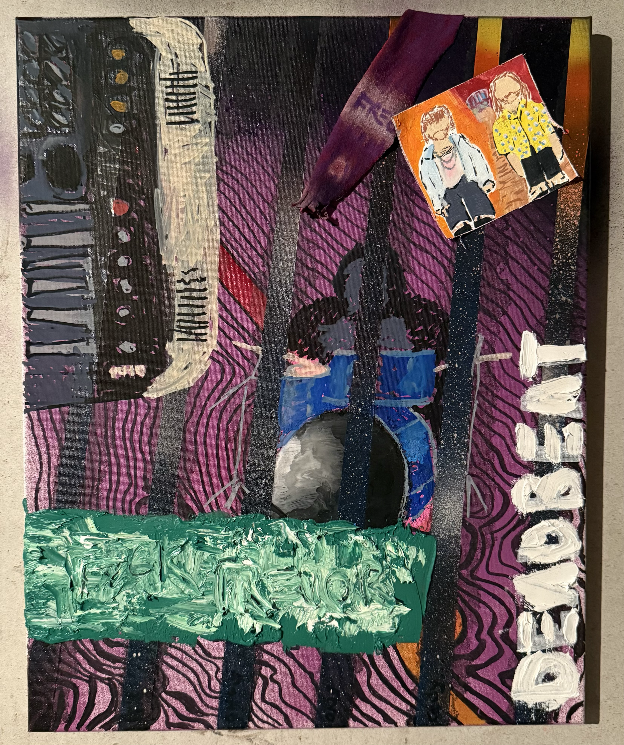 Abstract painting featuring a black background with purple, pink, green and white paint strokes, depicting a guitar, a pink figure with glasses, and a yellow figure in playful attire. tAME IMPALA