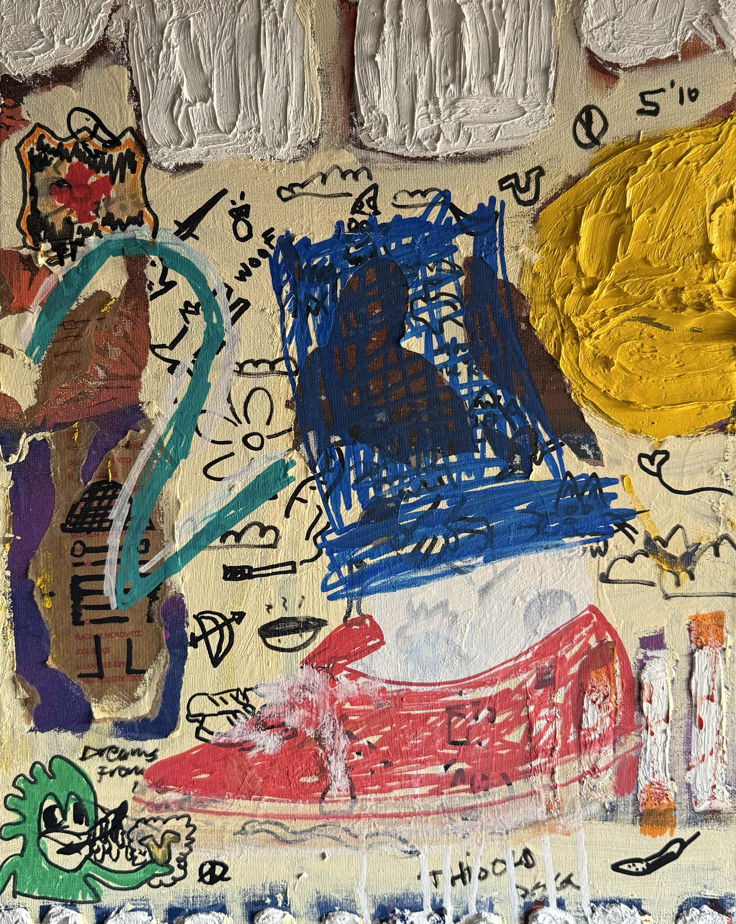 A colorful, abstract mixed media artwork featuring various hand-drawn sketches, doodles, and handwritten text with a mix of colors, including white, yellow, red, blue, green, purple, and black. Mac Demarco inspired.