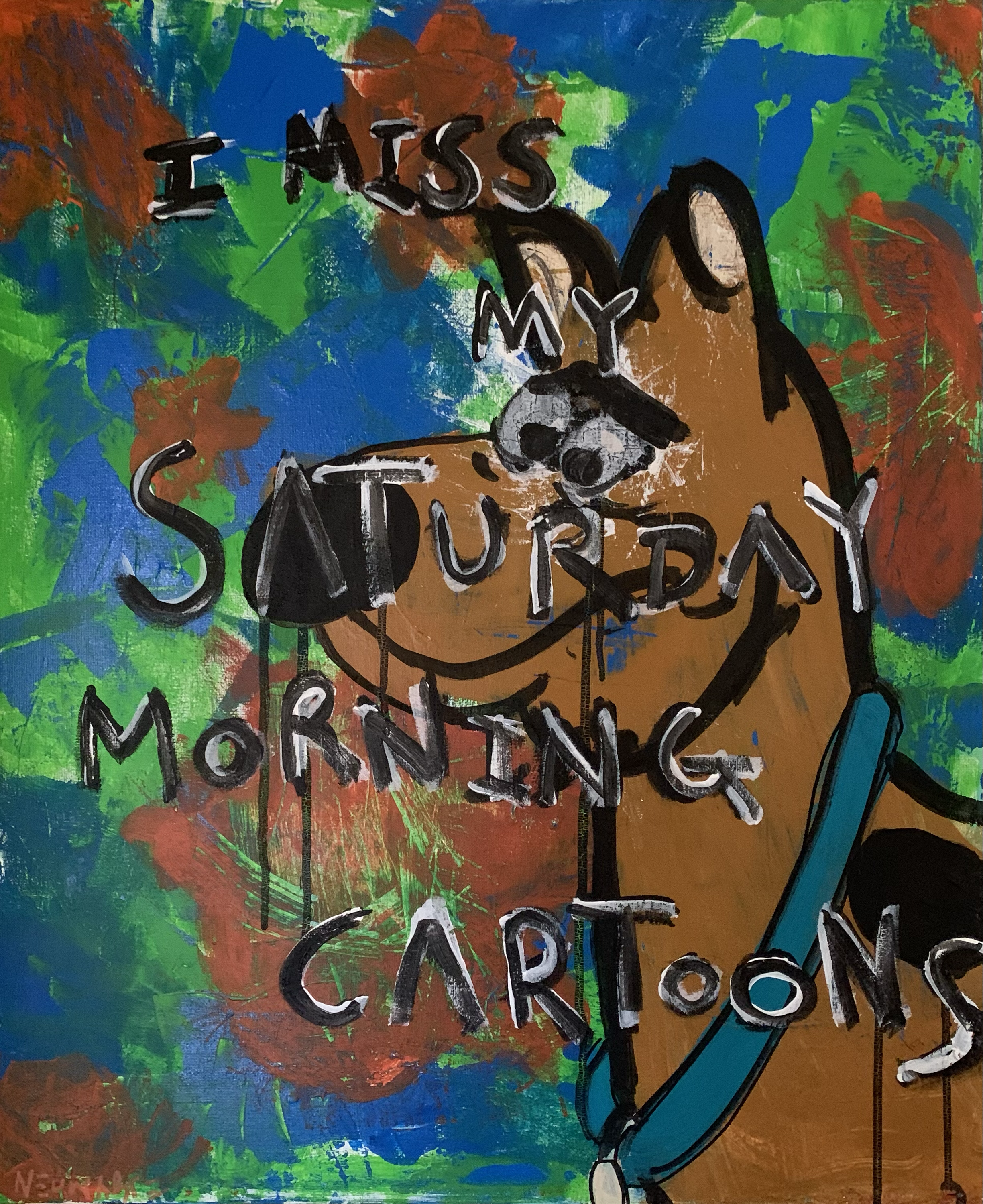 A colorful abstract background with a sketch of Scooby doo written on it.