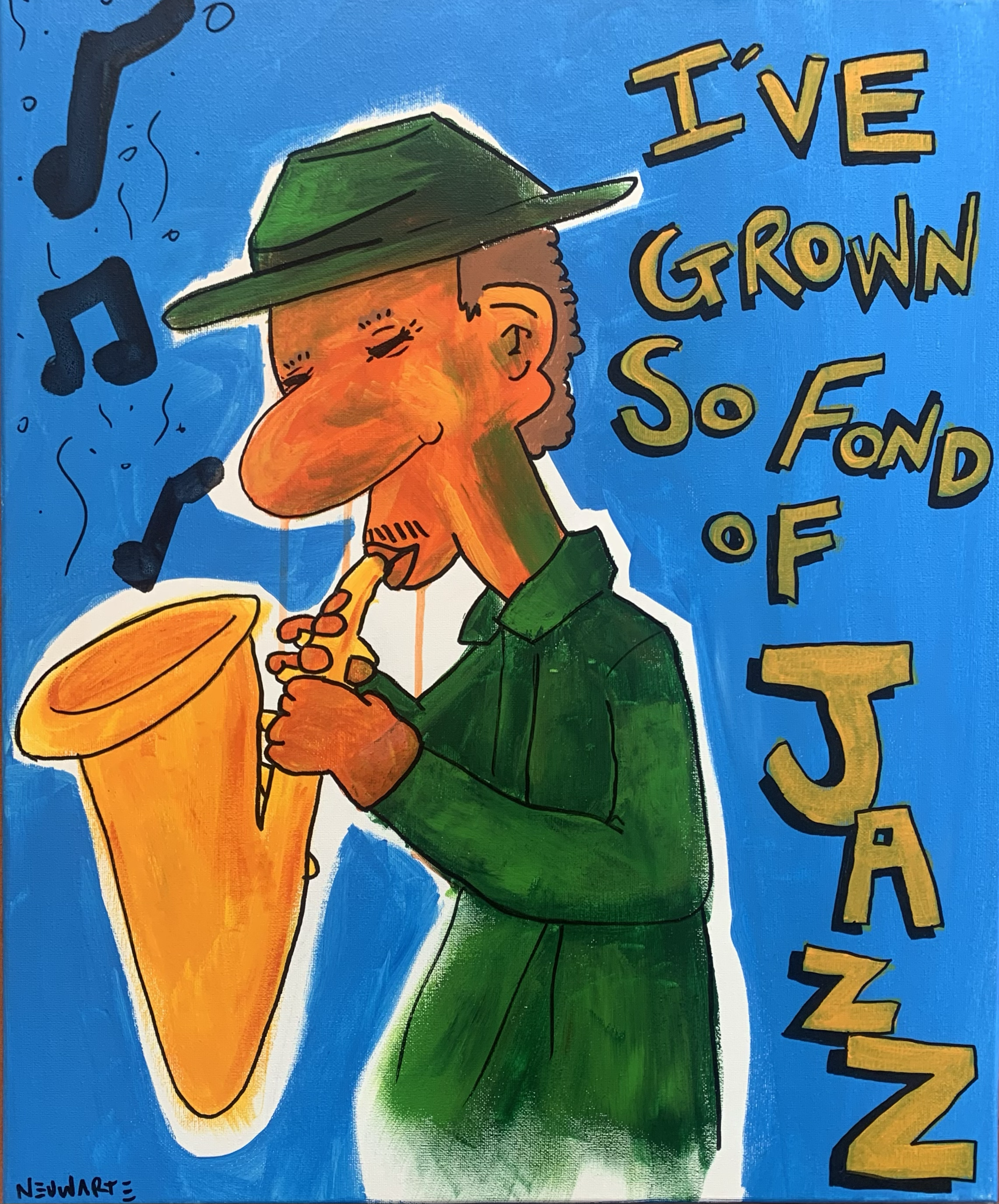 A colorful drawing of a person with curly hair wearing a green hat and green shirt. The person is holding a large orange trumpet and appears to be singing or happily listening to music. Musical notes are depicted around the person, and the background