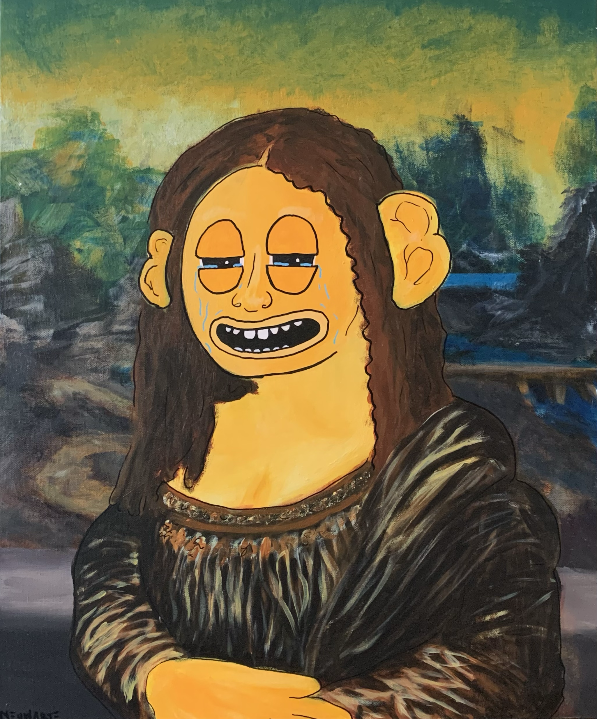 A surreal painting of the Mona Lisa with a cartoon face, tears flowing from their eyes, wearing a headpiece adorned with yellow, black, and brown patterns, against a background of a vibrant sunset with green, yellow, and dark clouds.