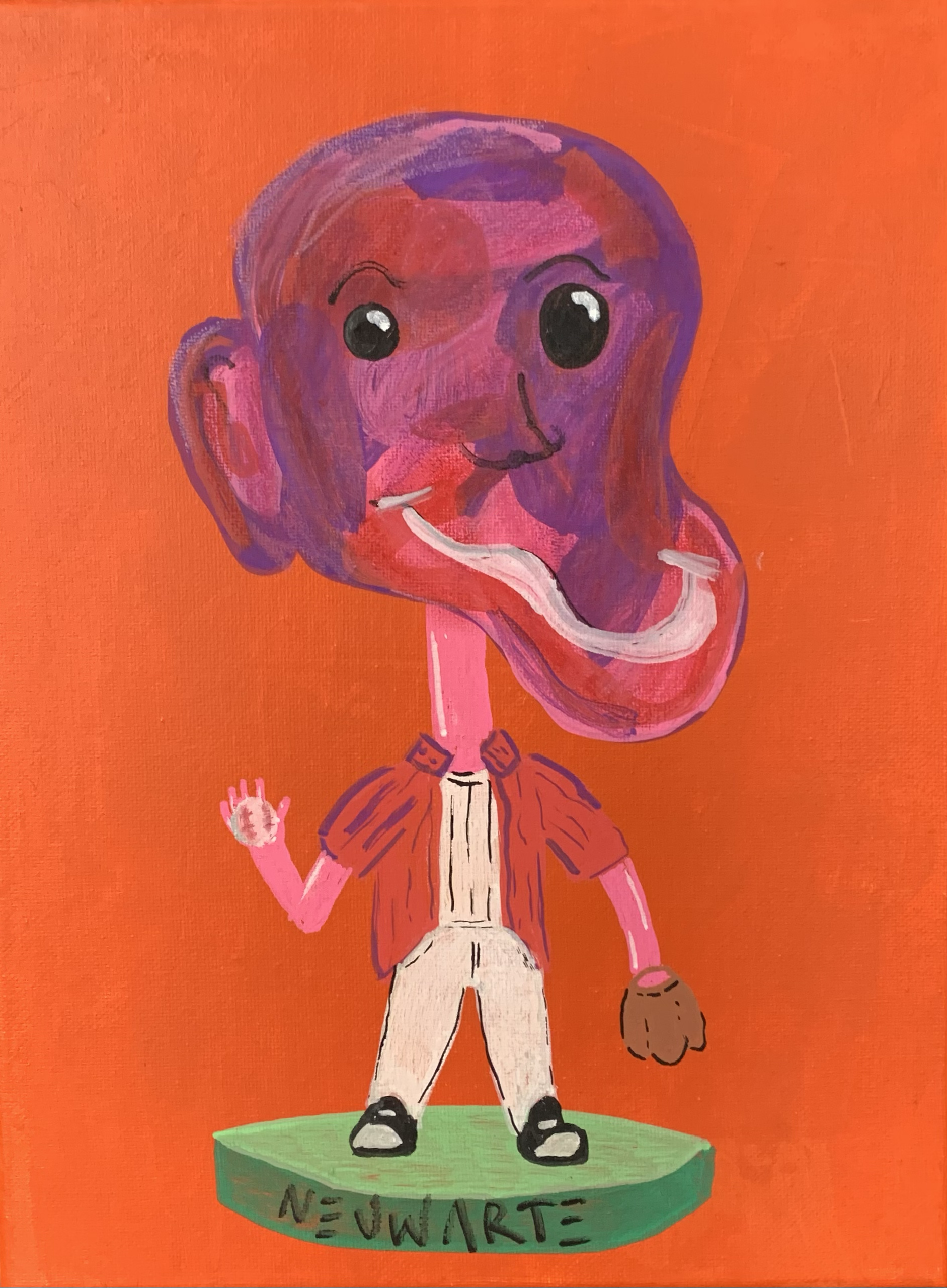 Colorful cartoon painting of a girl with large black eyes, pink skin, purple and pink hair, wearing a red jacket, white pants, and black shoes, standing on a green platform labeled "NEW ART" on an orange background, waving with one hand and licking h