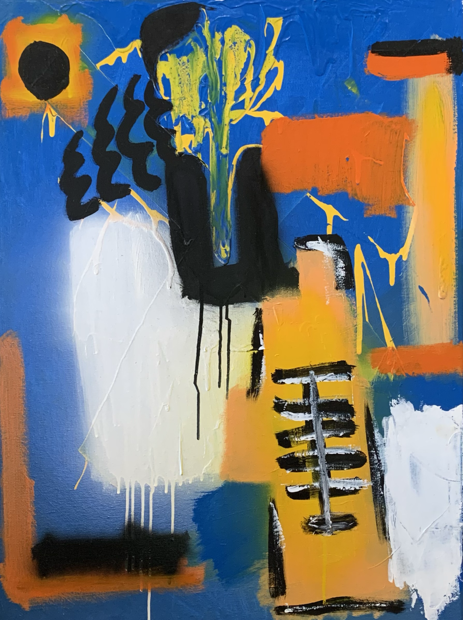 An abstract painting with bold colors including blue, orange, black, yellow, and white, featuring various shapes, lines, and textures.