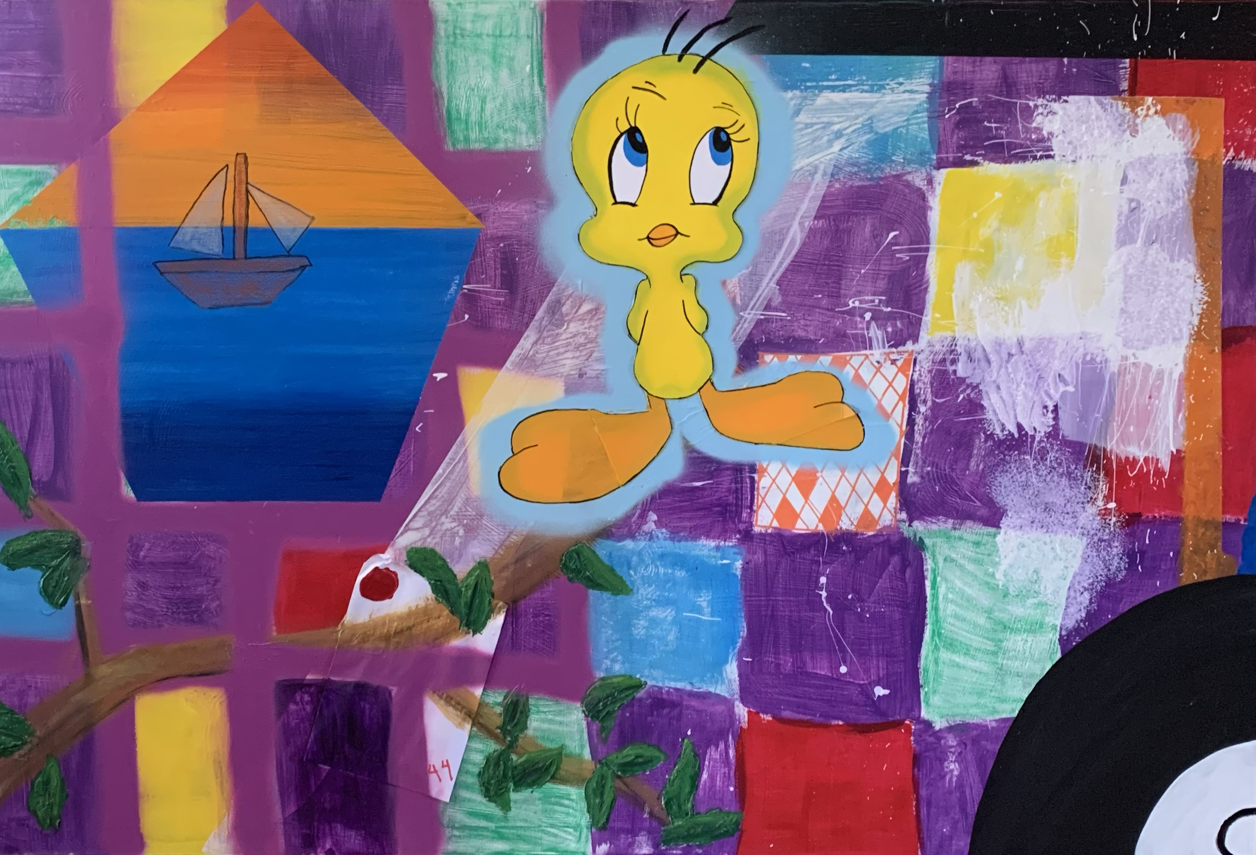 Colorful abstract painting featuring Tweety Bird with big blue eyes and orange beak, set against a vibrant background of purple, yellow, green, and red with geometric shapes, brushstrokes, and a small sailboat drawing.