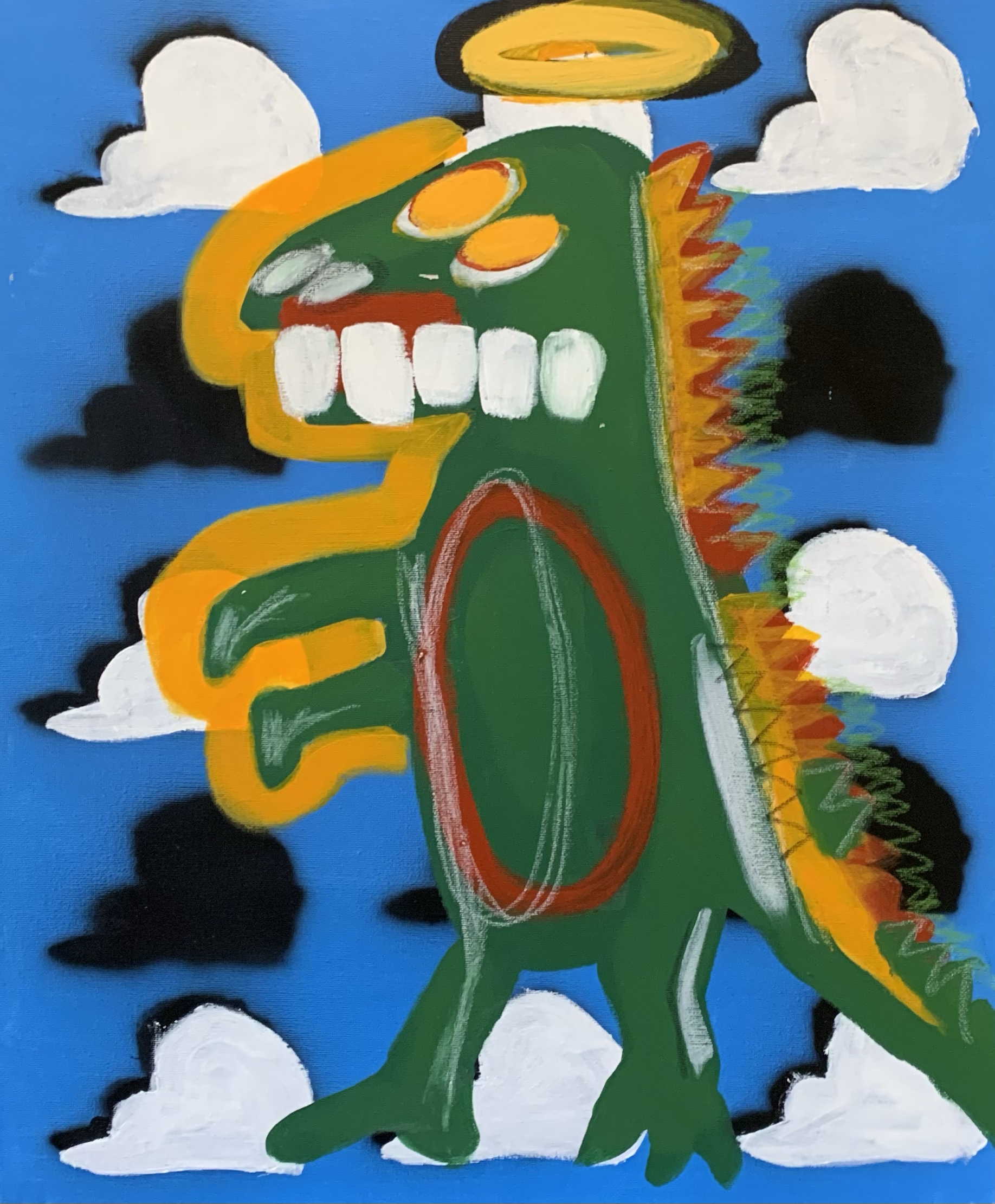 Abstract colorful painting of a dinosaur with a blue background, white clouds, and a sunny sky. Almost like Toy Story.