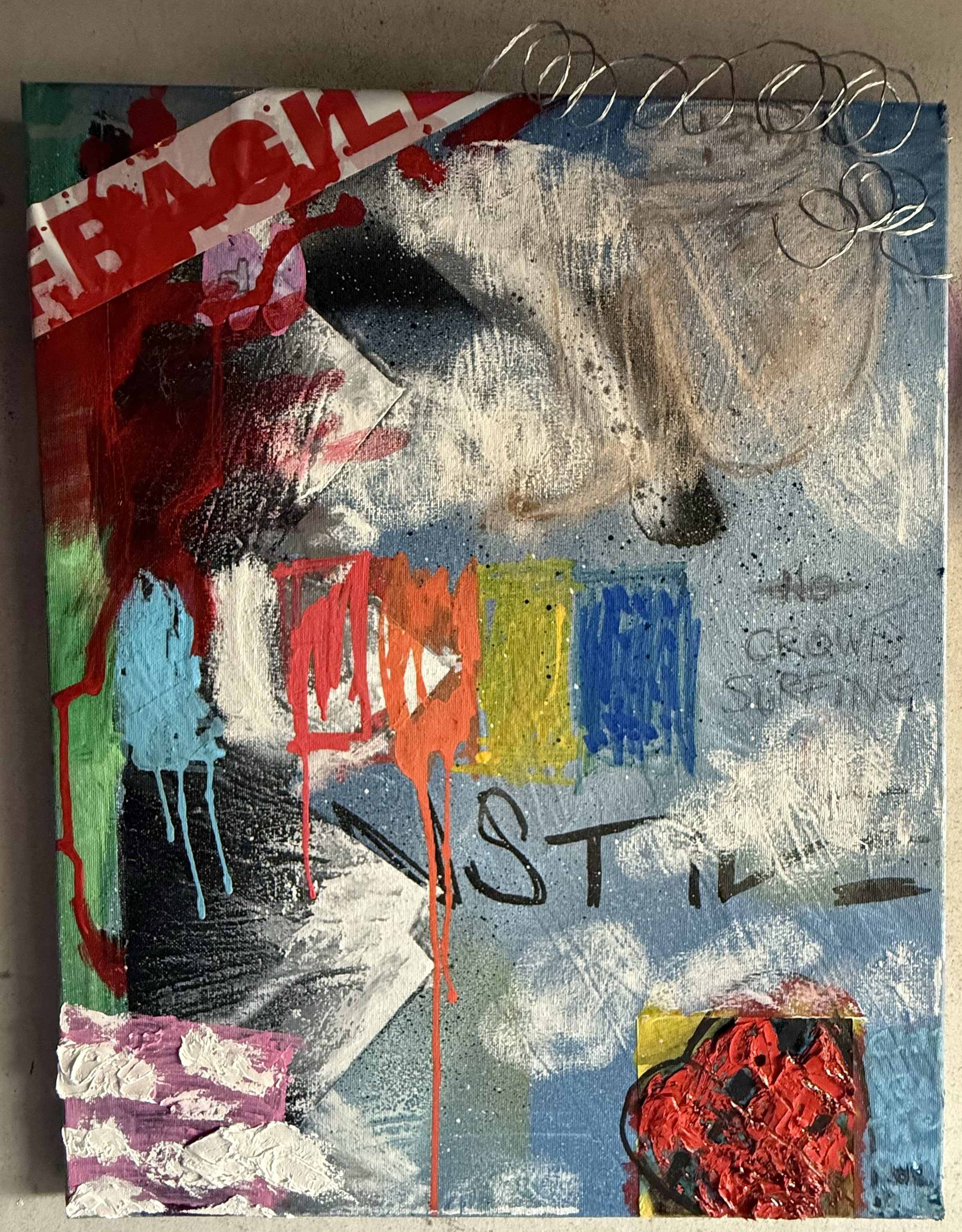 Mixed media artwork with splashes of bright colors, a black and white abstract face, and the word 'TURNSTILE' written in black. Visible red and pink paint, metallic coils on the top, and a red sticker in the corner.