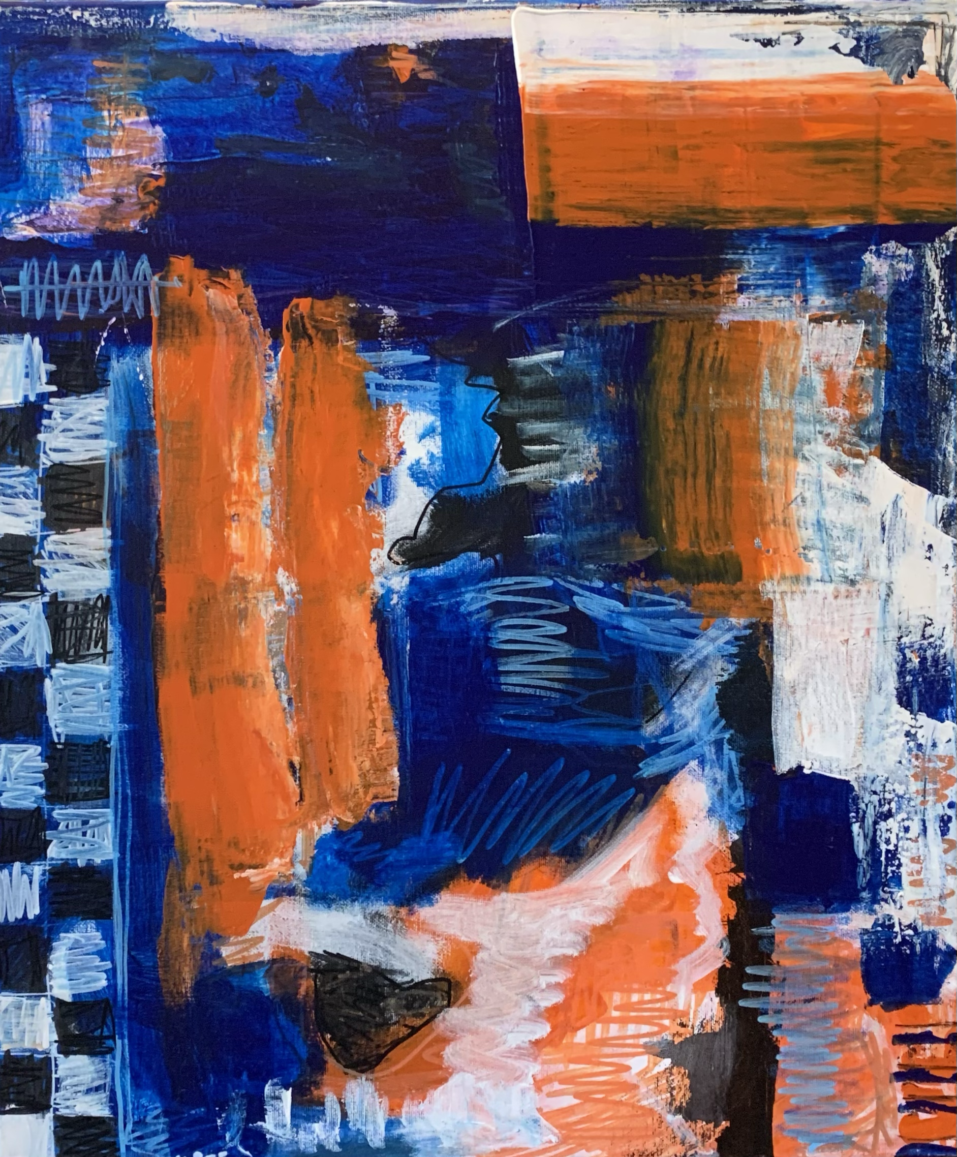 Abstract acrylic painting with bold streaks and patches of blue, orange, black, white, and hints of purple.