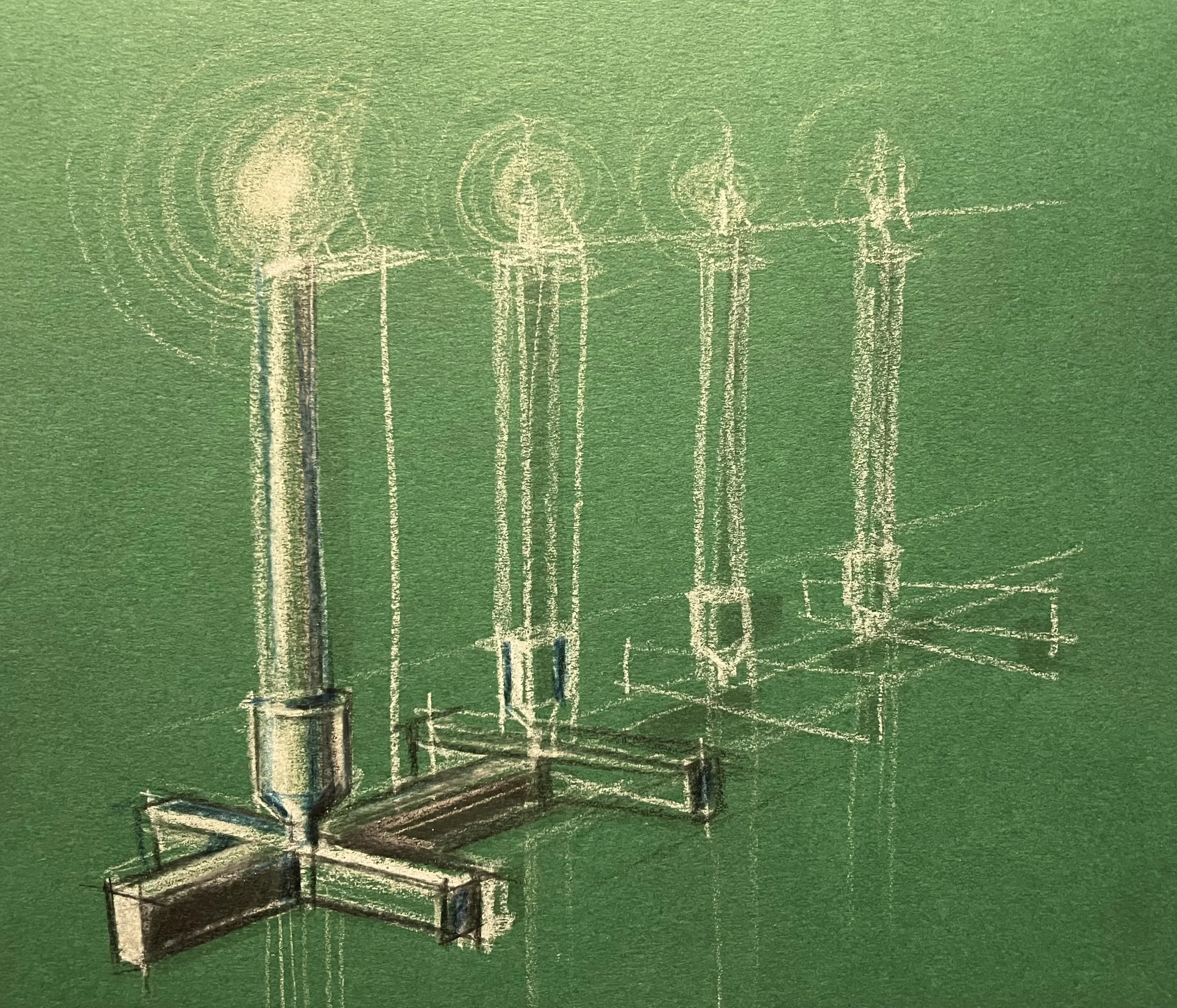 Diagram of four electrical towers on a green background, illustrating the structure and power lines.