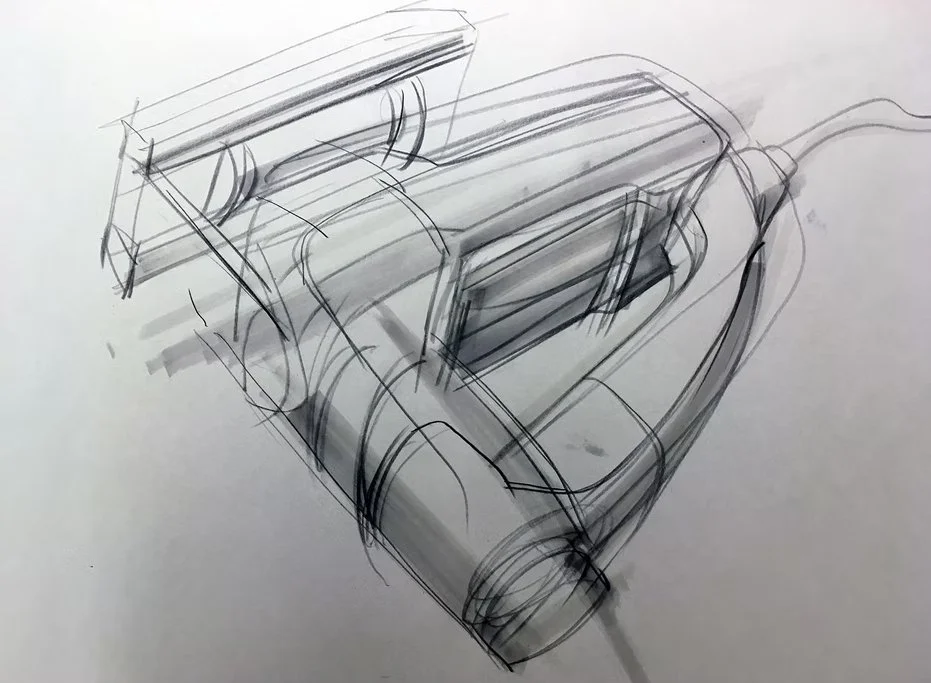 Sketch of a technical design for a device or machine, featuring cylindrical and rectangular components, including a large cylindrical base and a rectangular element on top.