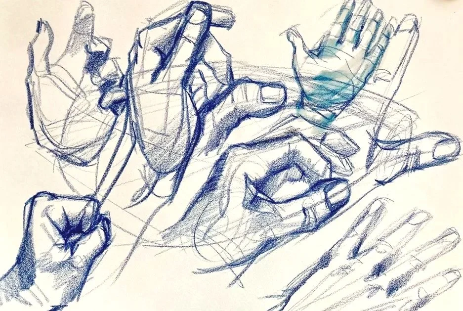 Sketch of hands using a smartphone and pen, drawn with blue lines on paper.