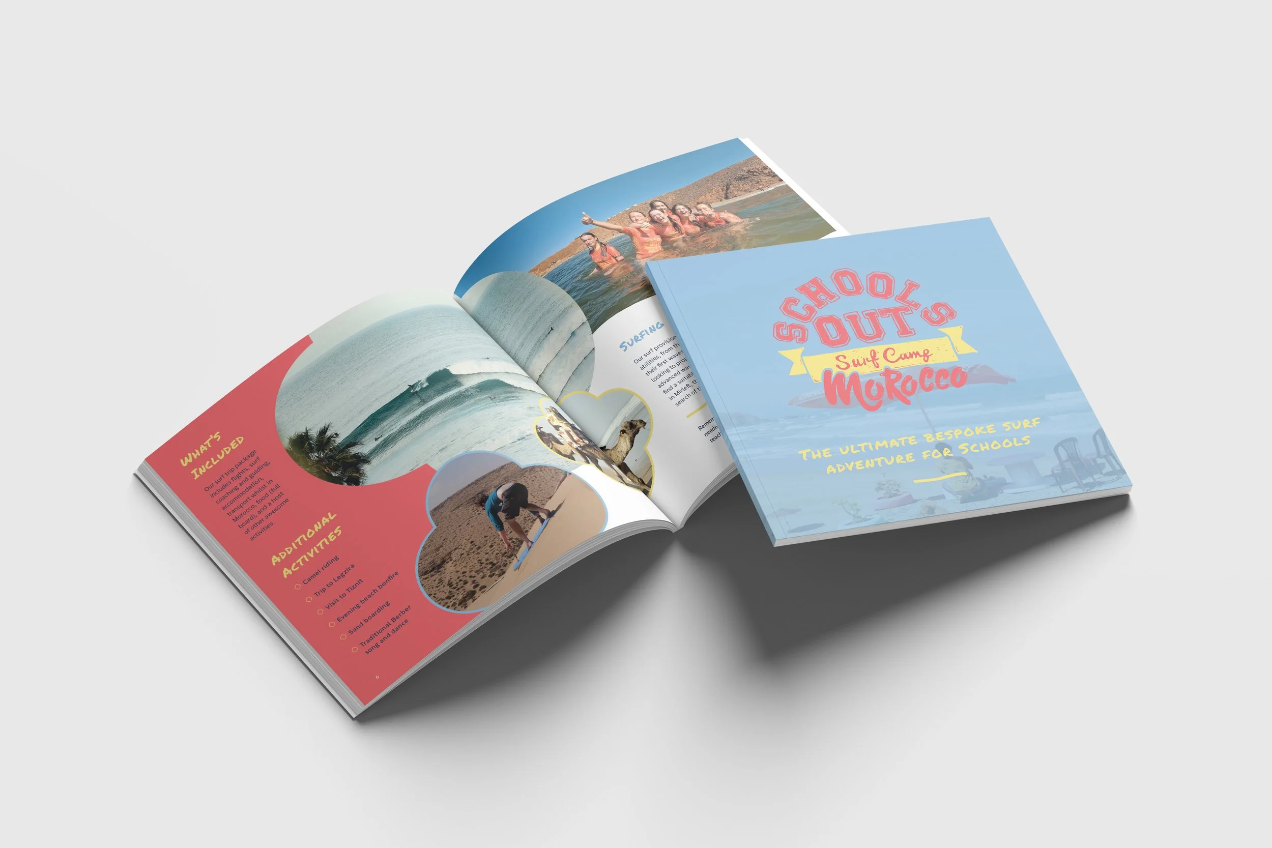 School’s Out Morocco brochure featuring surf photography, illustration and editorial design.
