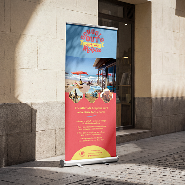 School’s Out promotional banner for school surf trips to Morocco.