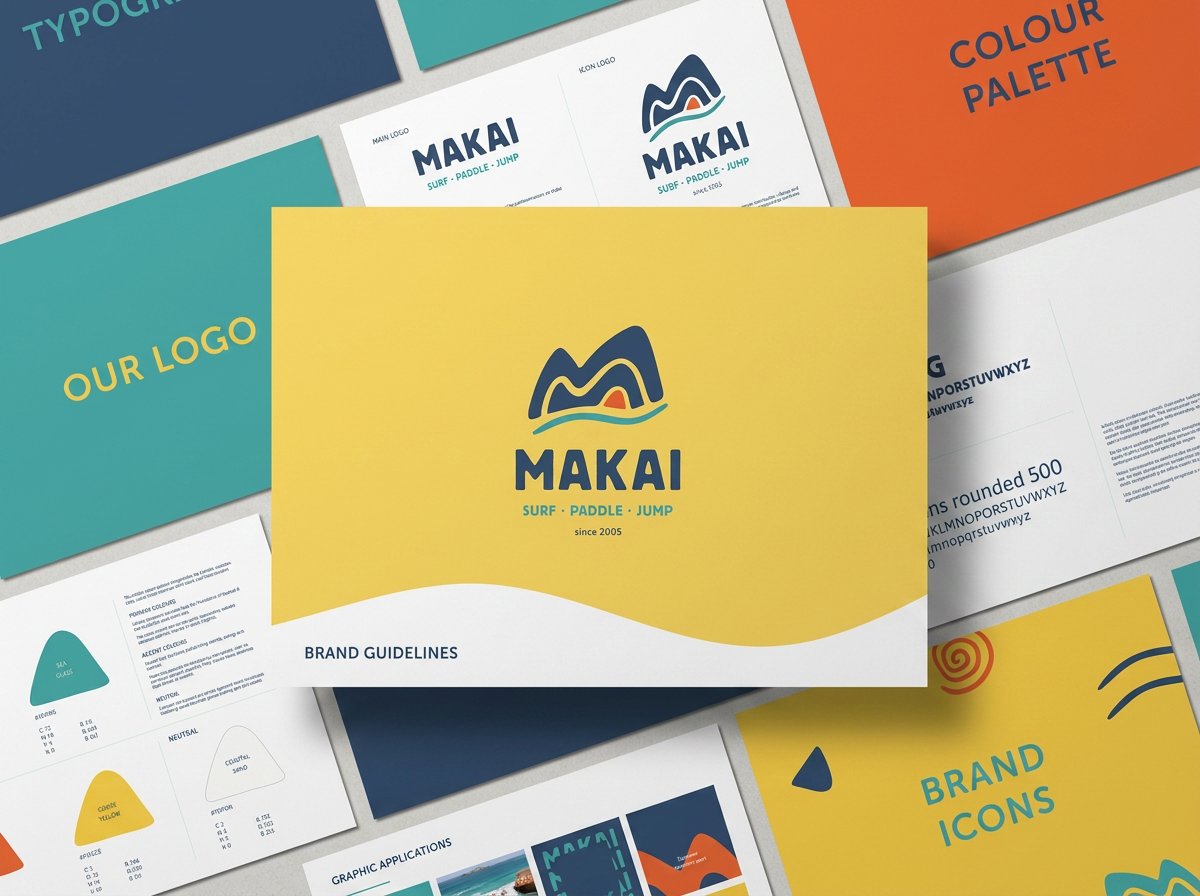 MAKAI brand guidelines showing logo, colour palette and brand applications.