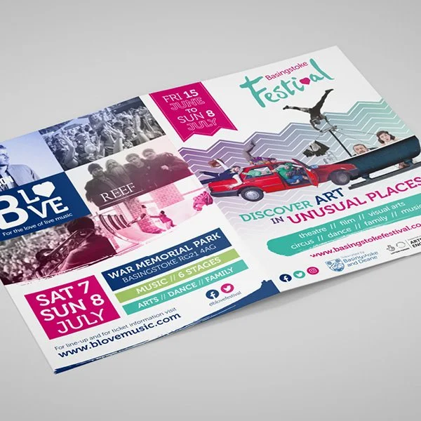 Basingstoke Festival programme design promoting music, arts, theatre and family events.
