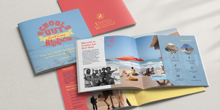 School’s Out Morocco brochure featuring surf photography and illustration.