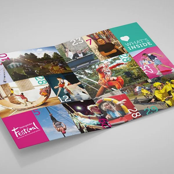 Basingstoke Festival programme featuring colourful event photography and campaign graphics.