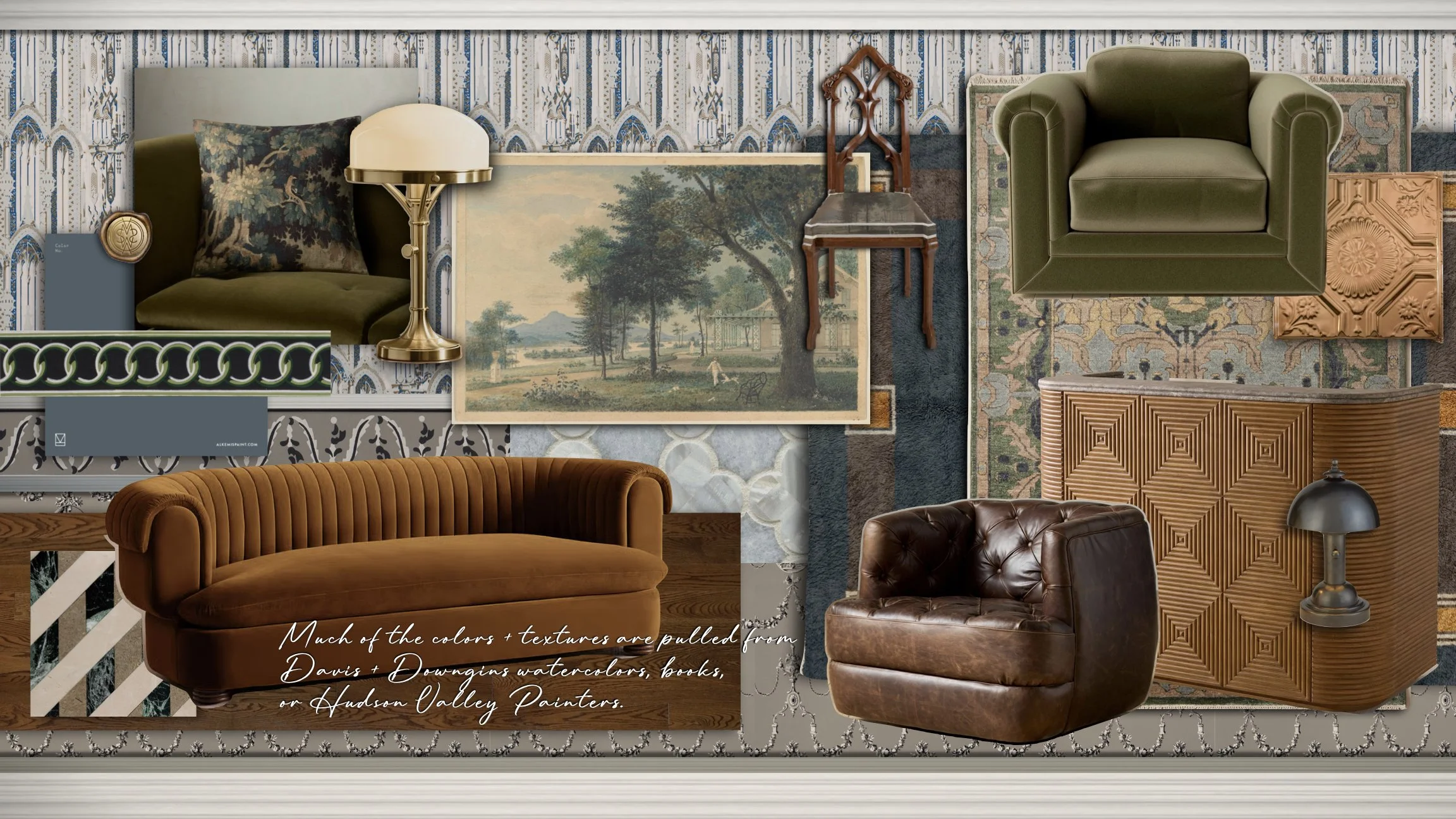 A collection of vintage furniture and artwork, including a green armchair, a brown leather tufted chair, a gold desk lamp, and framed landscape paintings, with a wall decorated in patterned wallpaper and a mix of rugs and textures.