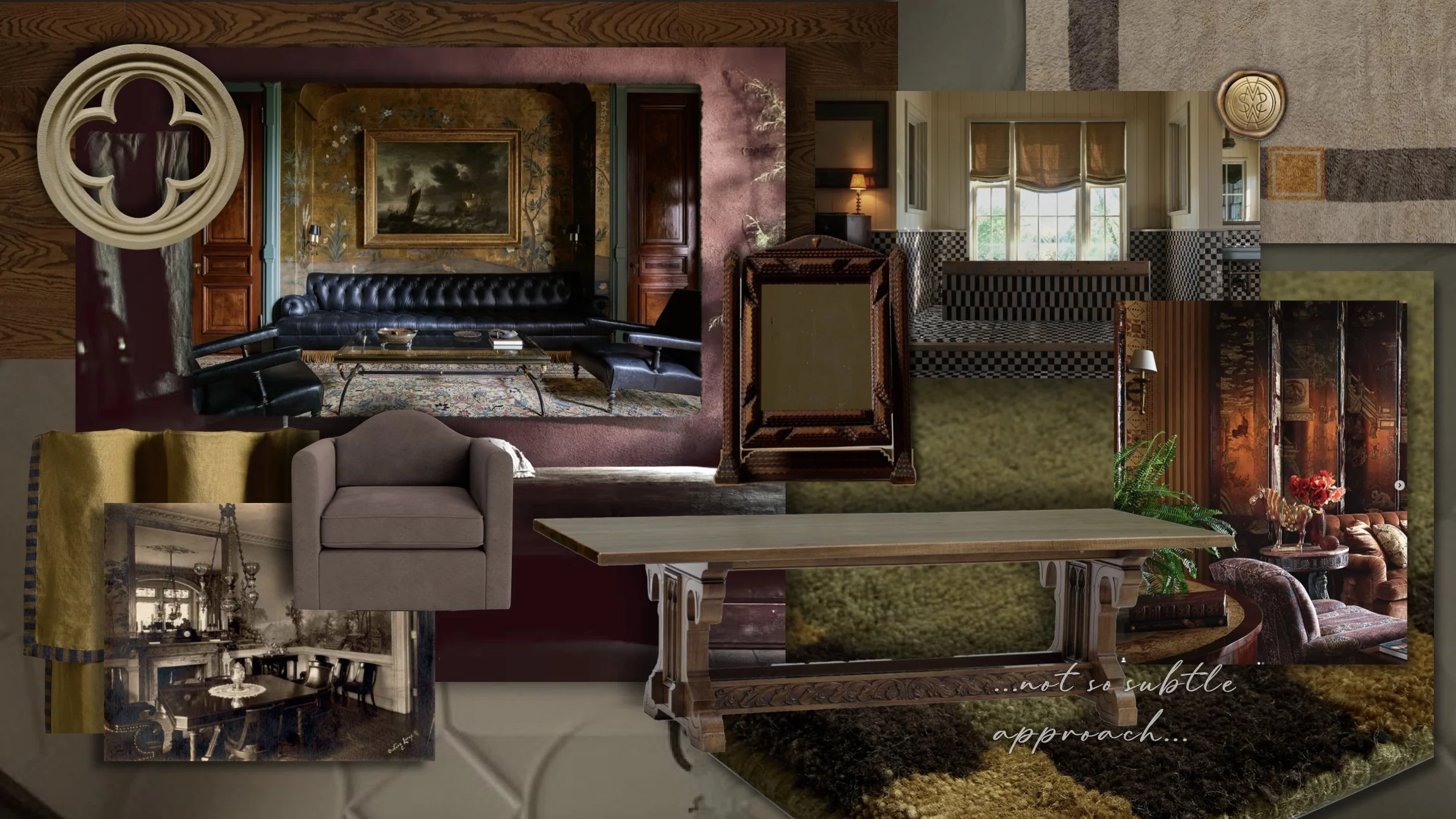 Collage of various interior rooms with vintage and classic furniture, paintings, and decorative elements.