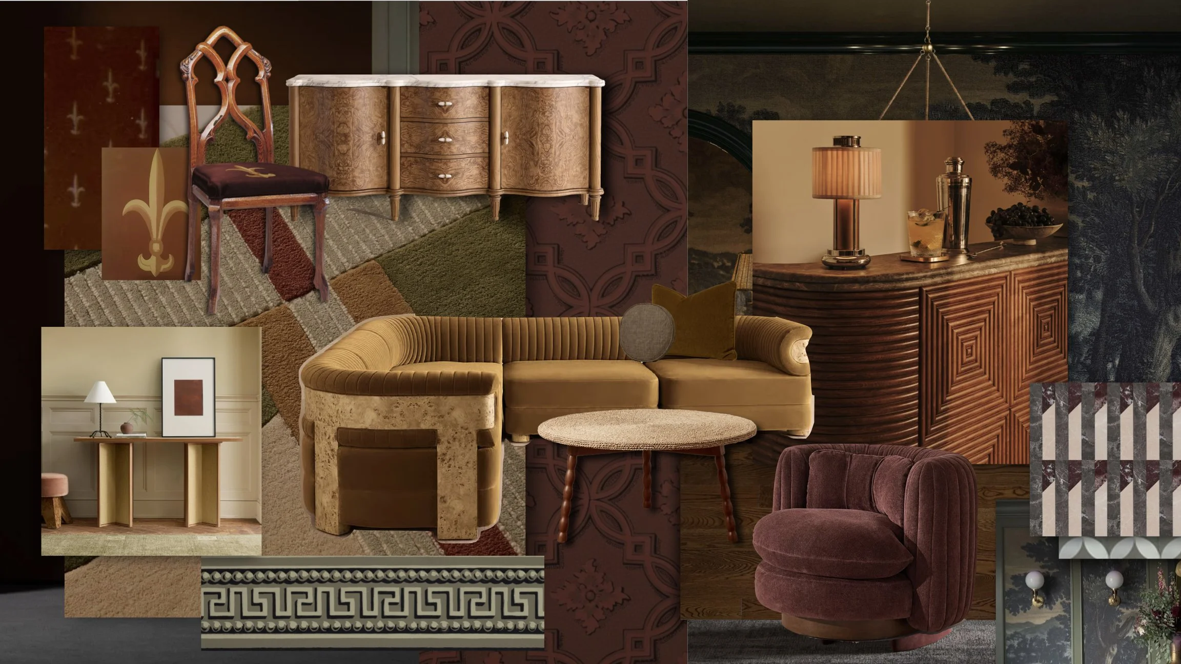 A collage of various interior furniture and decor items including a wooden chair, a vintage dresser, a modern sofa, a velvet armchair, a console table, a coffee table, lamps, artwork, and patterned rugs, all in warm earthy tones.