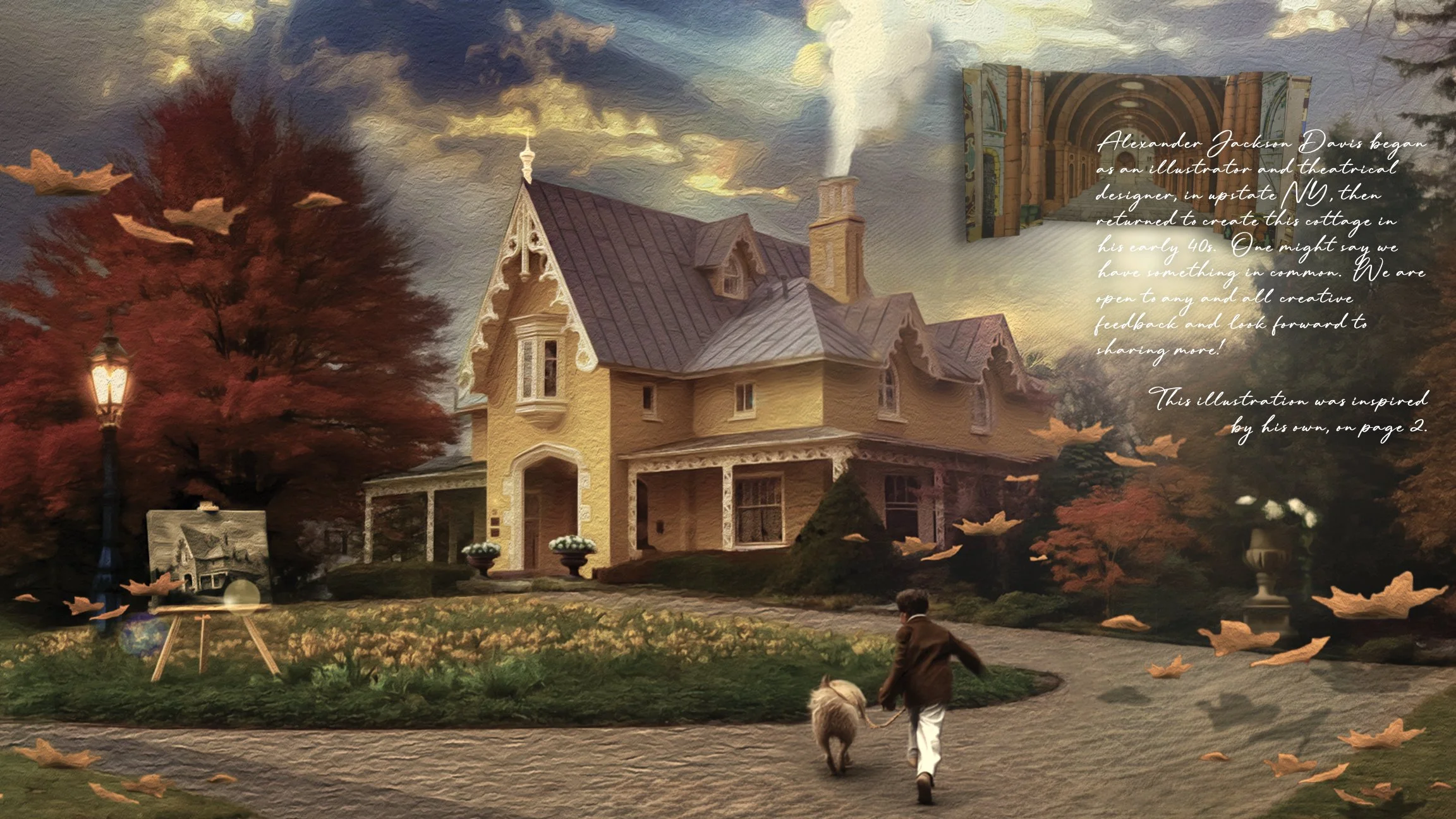 A digitally painted illustration of a Victorian-style house surrounded by autumn trees and fallen leaves. There is a streetlamp and a few children playing outside in the foreground. The sky has a sunset with clouds.