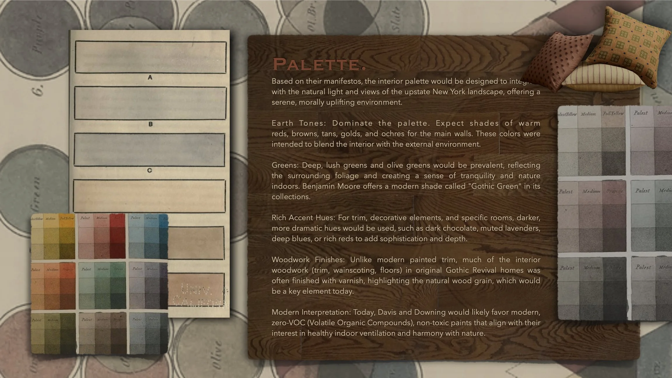 Interior design mood board with color swatches and pillows on a surface, featuring a wooden texture background and detailed text about design palettes.