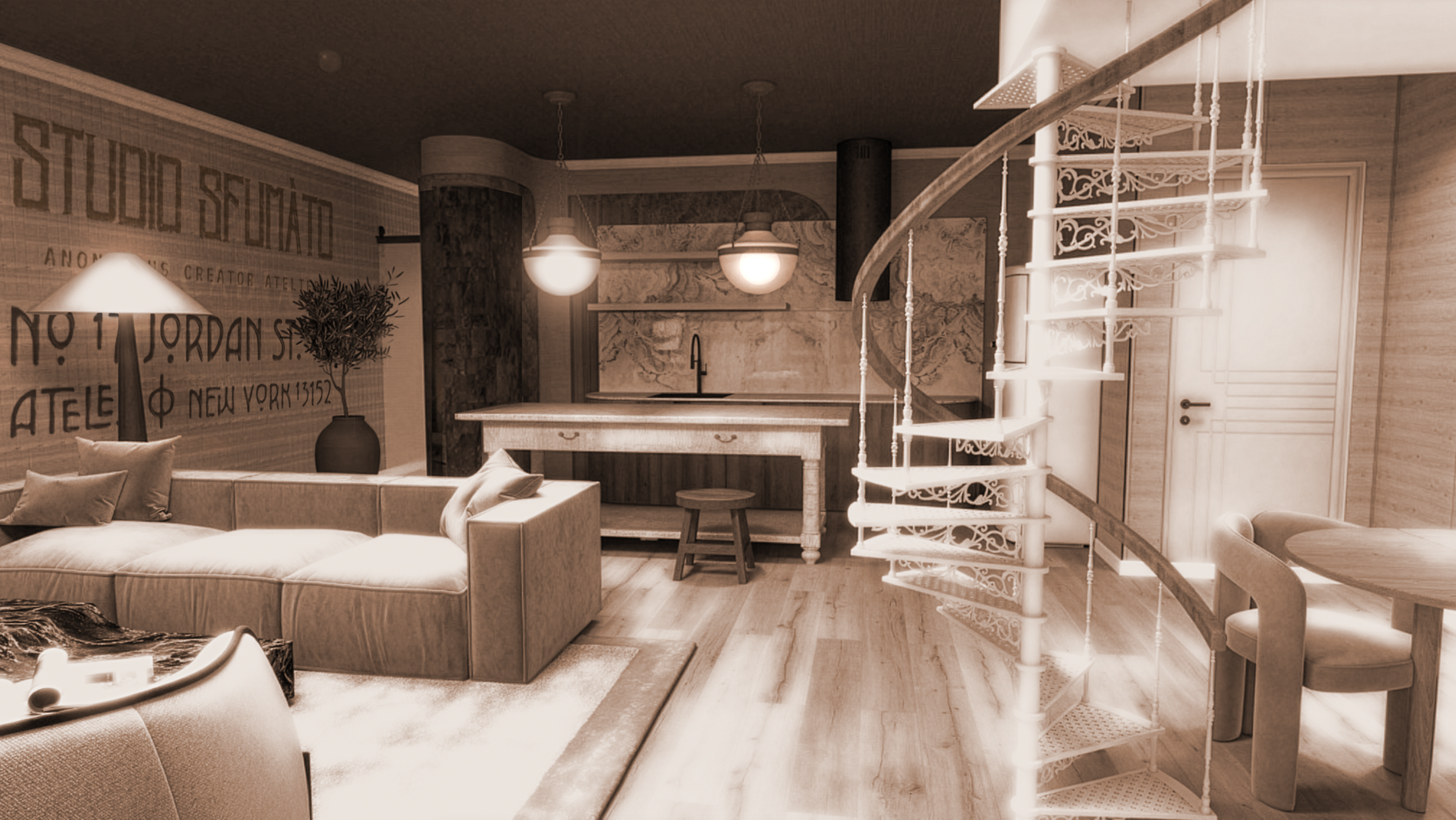 Living room with beige couch, wooden floors, spiral staircase, kitchen area with pendant lights, wall art, and a door.