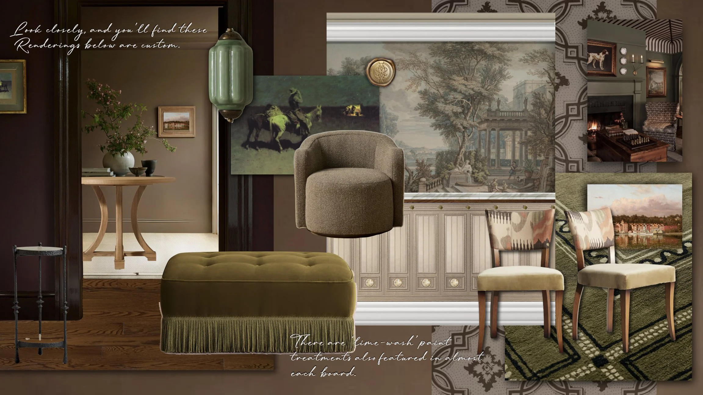 A collage of interior design elements, including a green pendant light, paintings of landscapes and a horse, a beige armchair, a wooden side table with a flower arrangement, and various patterned chairs and pillows. There are also decorative wall acc