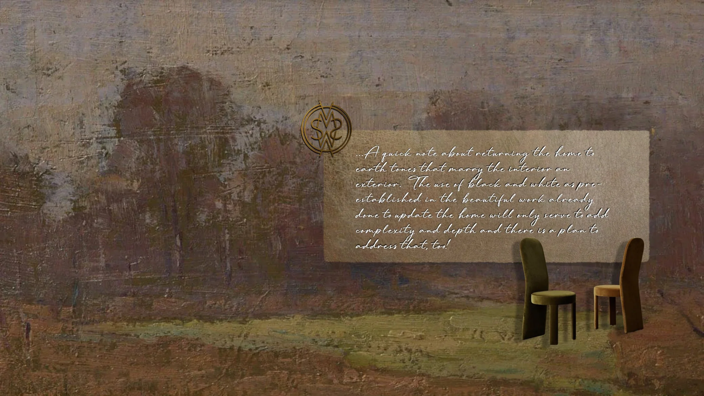 Decorative textured wall with a gold emblem and cursive writing, partially visible chairs in the foreground.