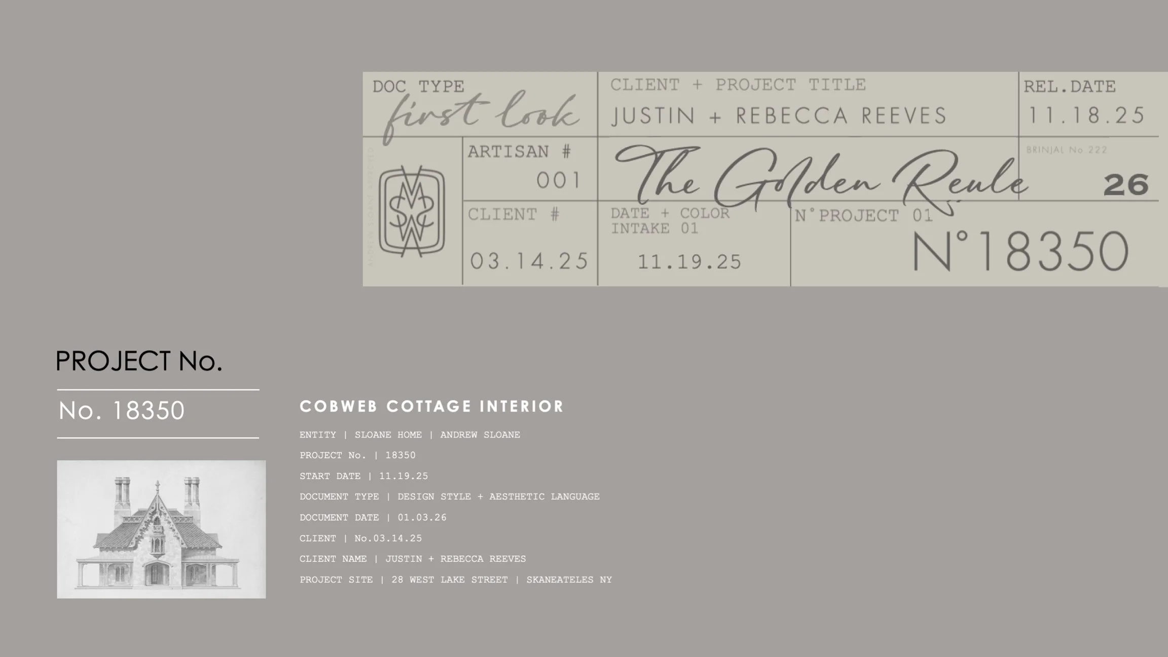 Design document for Cobweb Cottage Interior project, including client information, project details, and a sketch of a house.