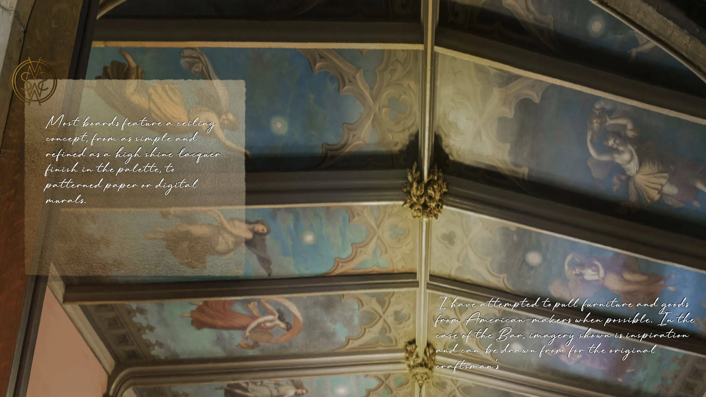 A decorative ceiling with religious paintings and ornate gold accents, displayed inside a glass case with text overlays about ceiling murals and craftsmanship.