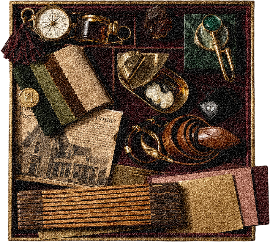 A collection of vintage and decorative items including a pocket watch, rings, a key, a small clock, a candle holder, earphones, a wooden spoon, and a notebook with art prints, all placed in a decorative box.