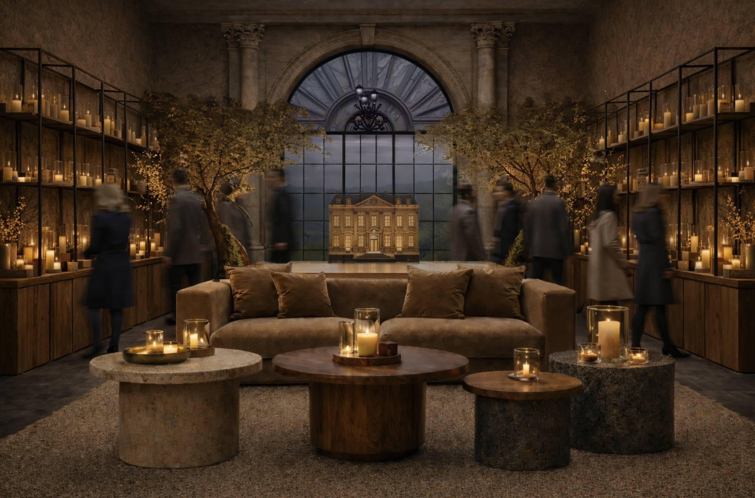 A luxurious indoor space with a large arched window showing an outdoor landscape. The room is decorated with trees, candles on shelves and tables, and a plush sofa in the foreground. Several blurred people are walking through the space.
