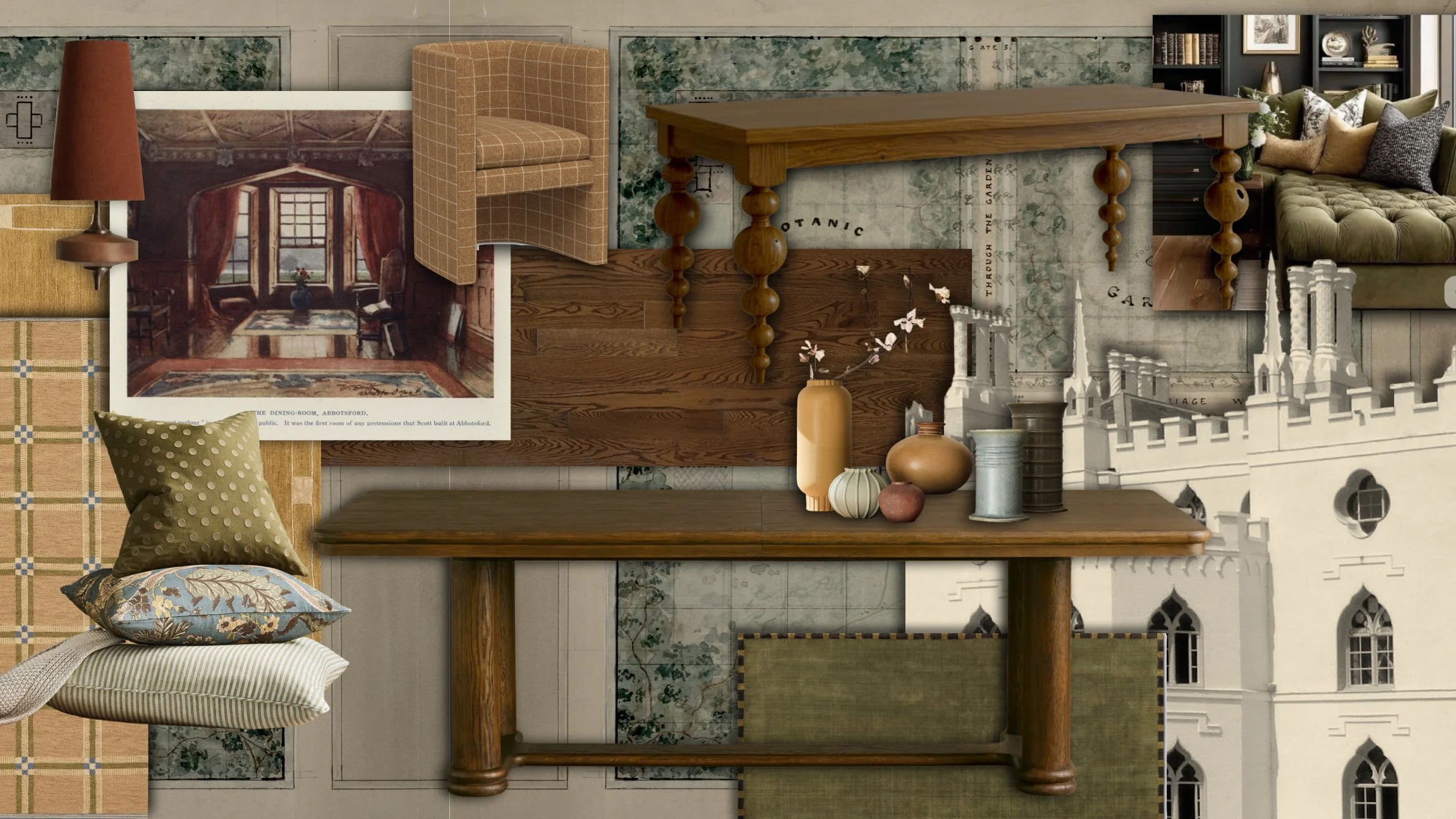 A collage of interior design elements including a wooden table, a tan checkered armchair, a green tufted sofa with pillows, a patterned pillow on a bed, decorative vases, and framed artwork and photographs on the wall.