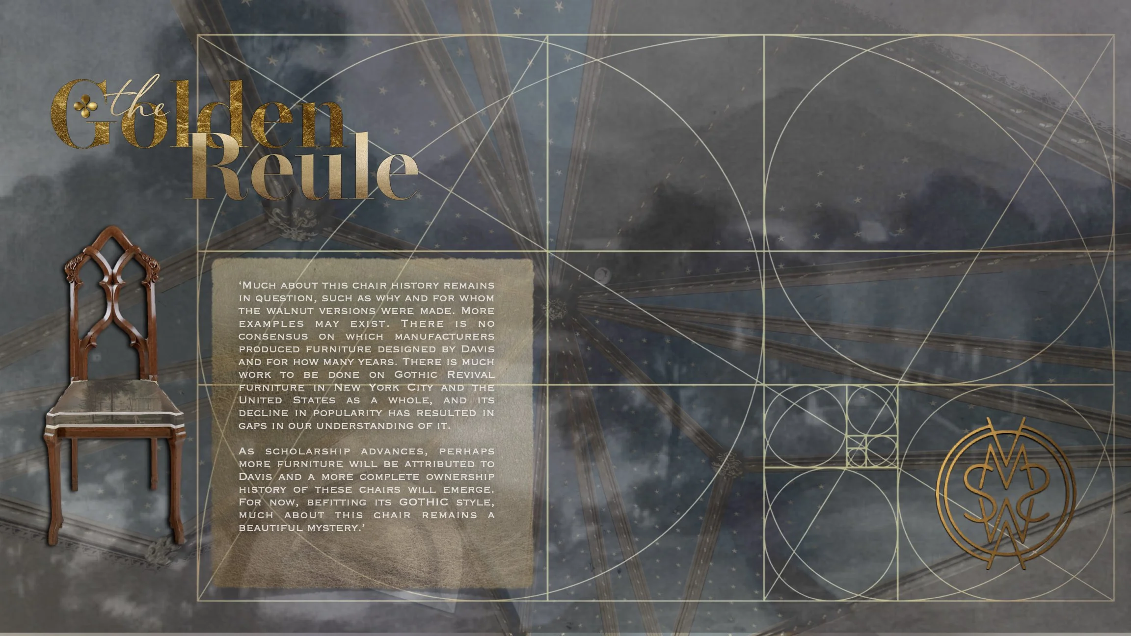 A page from a book or exhibit titled 'The Golden Rule' with a Gothic-style wooden chair and decorative gold geometric patterns on a dark blue background with stars.