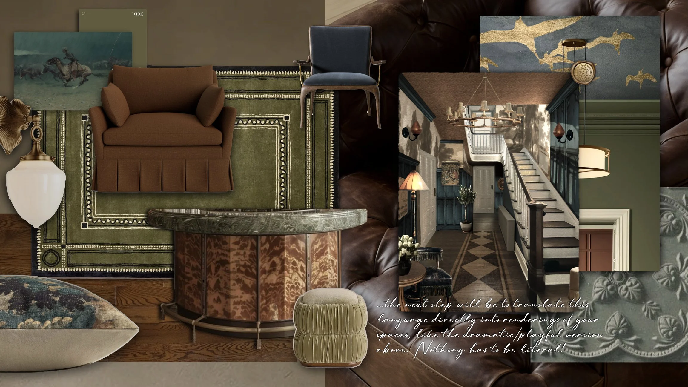 An interior view combining multiple layered images of a living space with furniture, rugs, artwork, and decorative items, creating a collage effect.