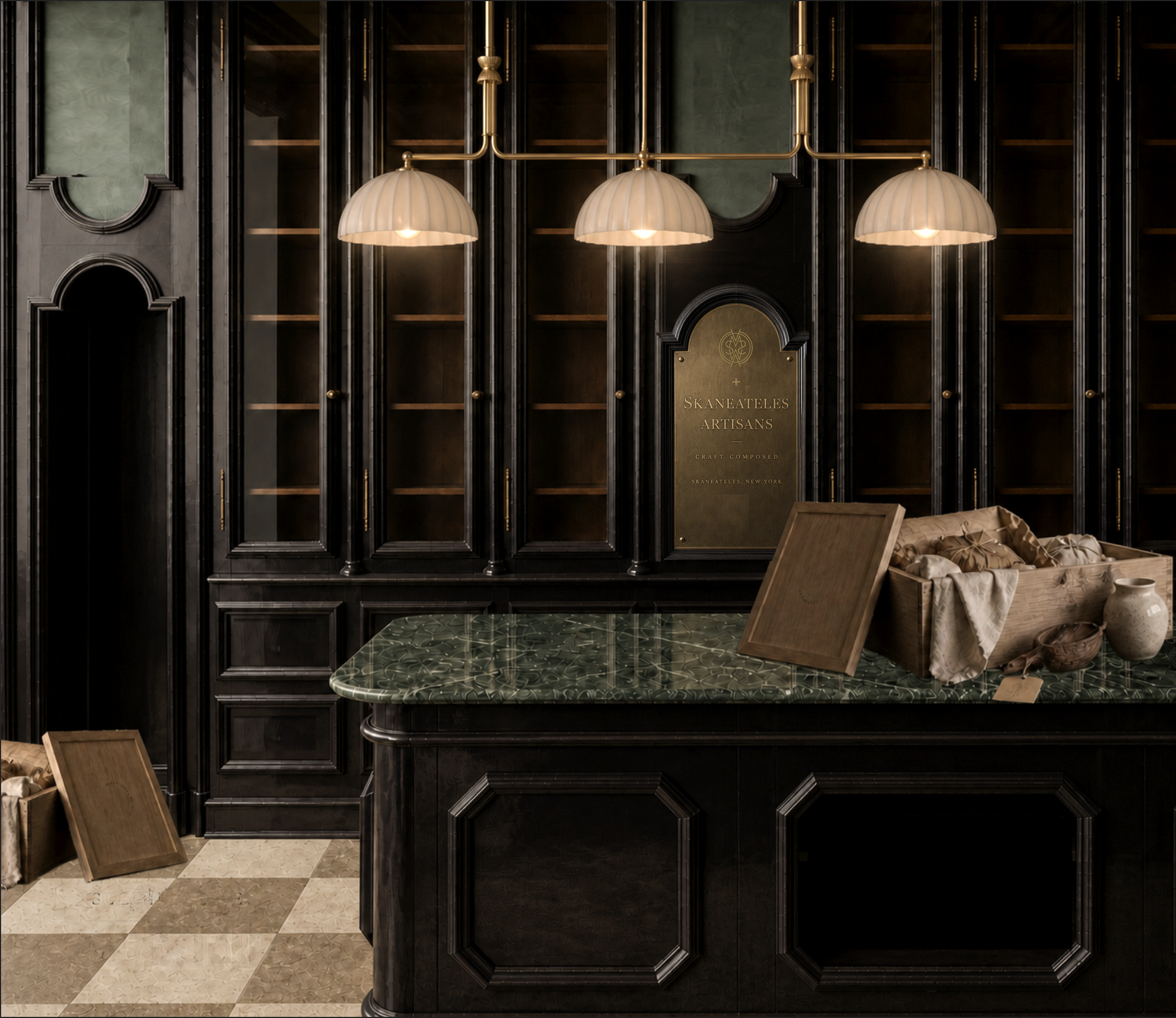 Interior of a store or gallery with empty black wooden shelves, three large pendant lights with white shades hanging overhead, a brass pipe above the shelves, and a gold sign reading 'Skaneateles Artisans' on a green wall. There are items in a cardboard box and decorative vases on a table in the foreground.