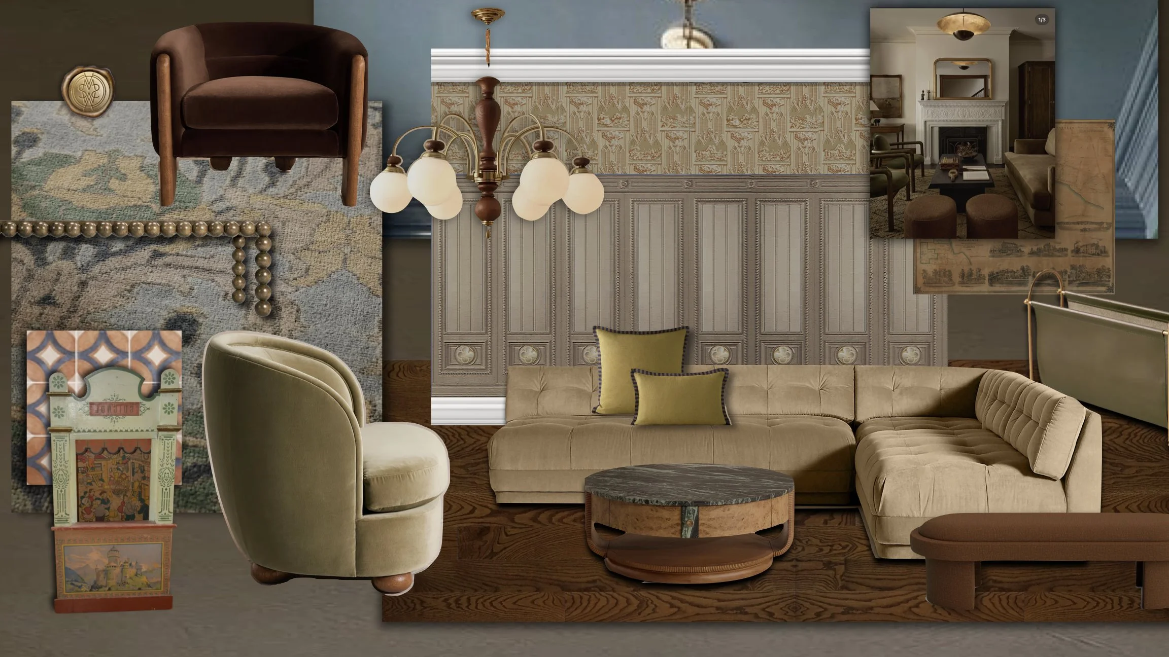 A collage of vintage and classic interior decor items, including a beige sectional sofa with yellow pillows, a green velvet armchair, a round coffee table with a black marble top, an elaborate wallpaper border, a chandelier with multiple frosted glas