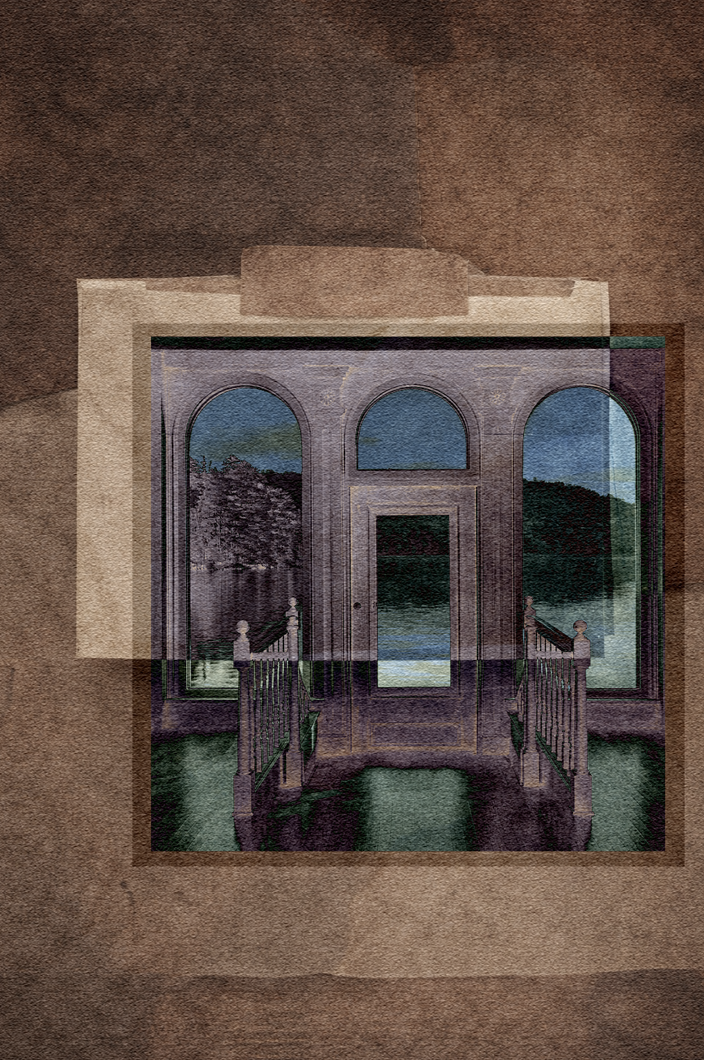 A painting of a building entrance with a door and large arched windows, overlooking a body of water and trees outside.