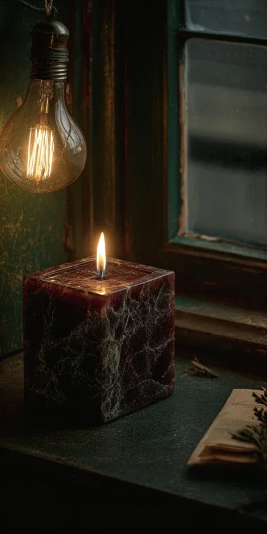 A lit candle on a black marble base sitting on a windowsill in a dimly lit room with a hanging light bulb nearby.