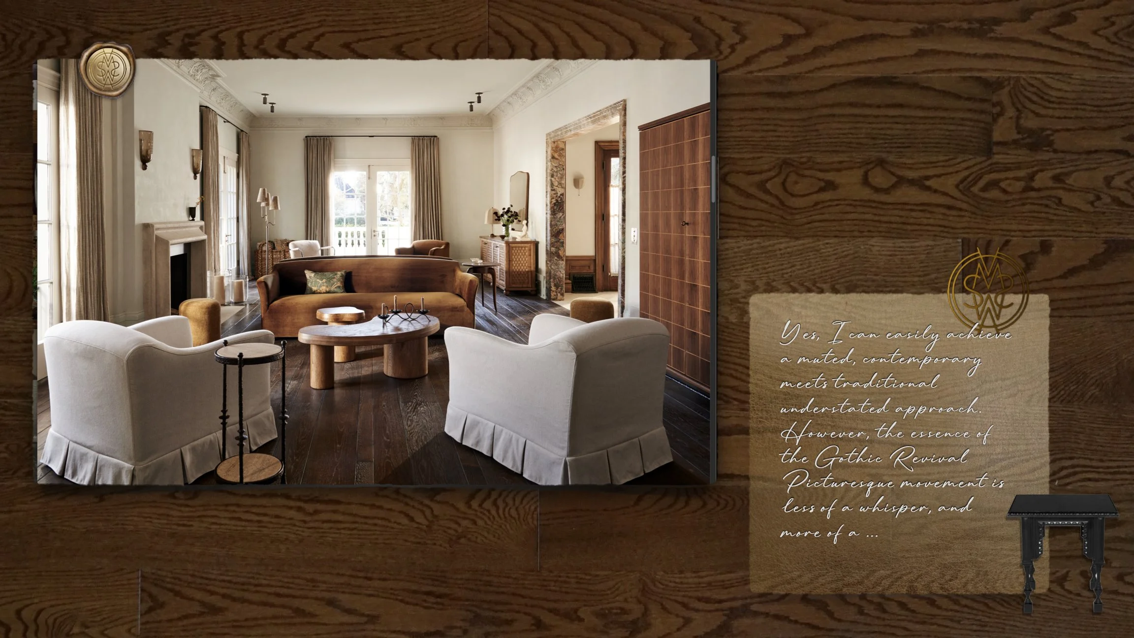 A cozy living room with white armchairs, a brown sofa, and a round wooden coffee table in the center. Large windows with beige curtains let in natural light. The room has a classic design with a fireplace and decorative molding. There is a mirror and