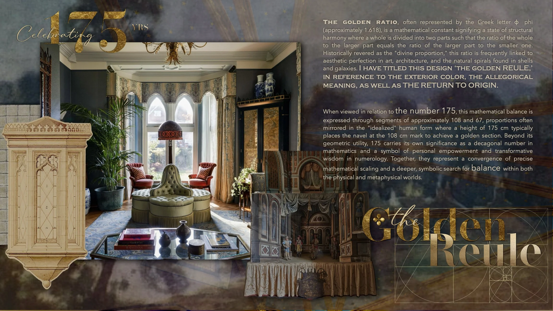 An interior living room with large windows, green plants, two red armchairs, a gray tufted round ottoman, a ceiling chandelier, and decorative curtains. Partially visible are a fireplace with intricate design and a yellow wooden cabinet. The room is 
